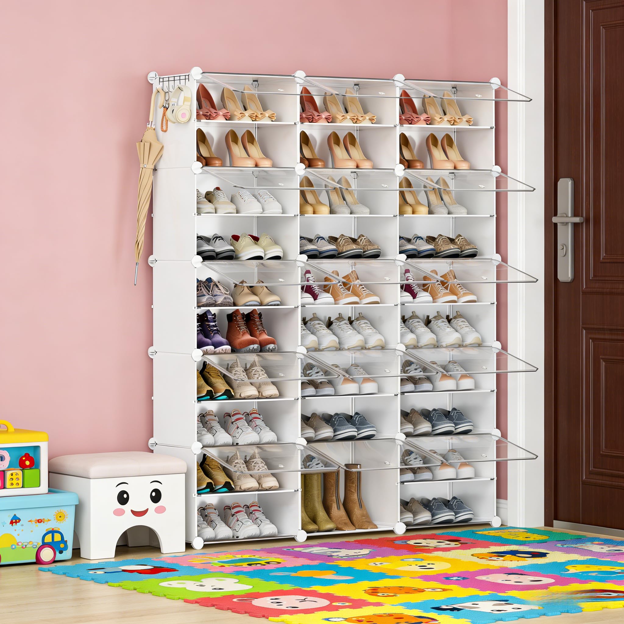Meuble à Chaussures modulaire à 30 Compartiments avec Porte - en Plastique fermé - Blanc - pour Couloir, Chambre à Coucher
