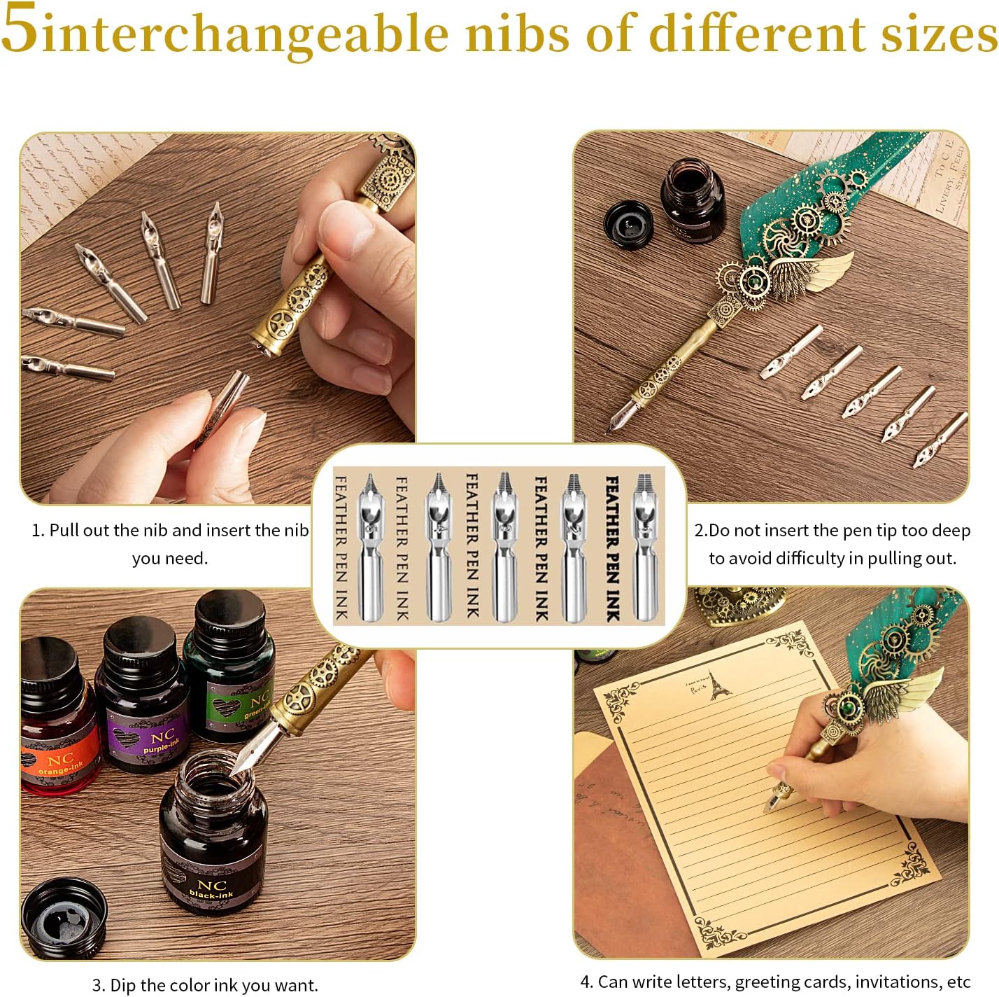 NC Quill Pen and Ink Set, Feather Calligraphy Pen Set, Wax Seal Stamp Set, Valentine's Day Gift for Writing Lovers, Various Holiday Ideal Gift (Green)