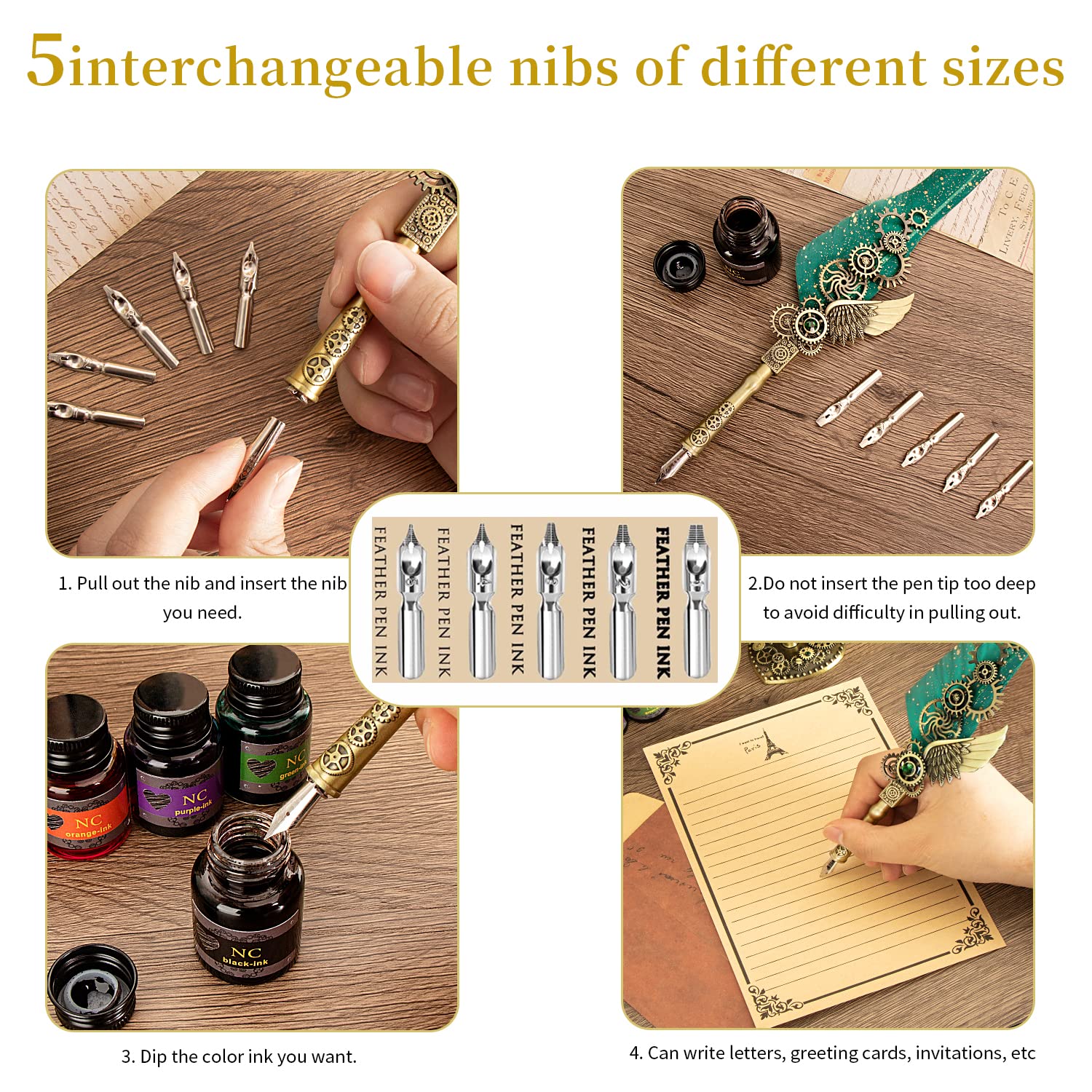 Calligraphy Set With Wax Seal - Feather Pen, 11 Nibs, Ink, Wax, Stamp, Paper, Gift Box