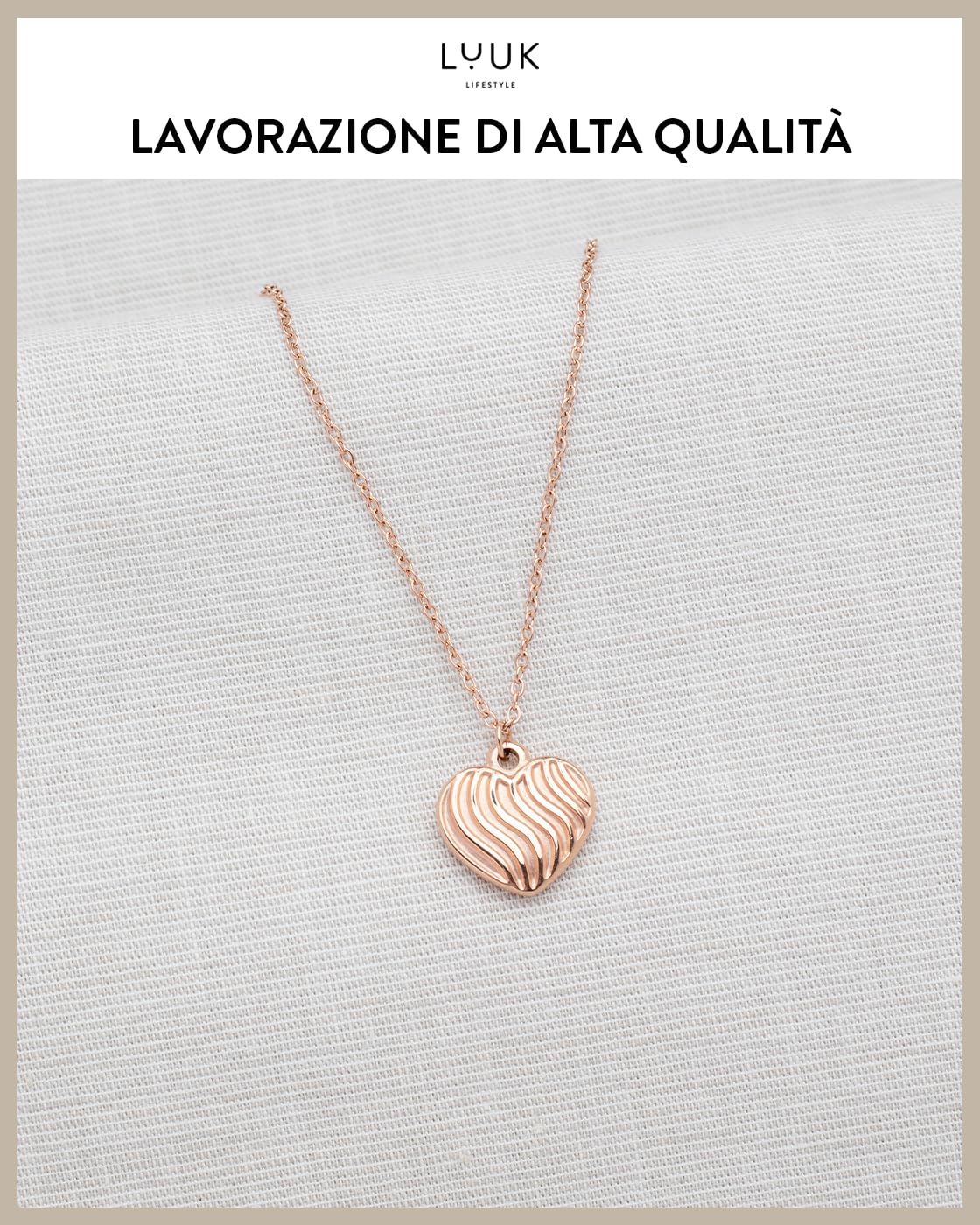LUUK LIFESTYLE Collana con Ciondolo Cuore Scanalato, Oro Rosa, 50cm | Cuore Rigato, Design Moderno, Impermeabile, Ipoallergenico, Catena Regolabile, Regalo per Amica, Mamma, Acciaio Inossidabile