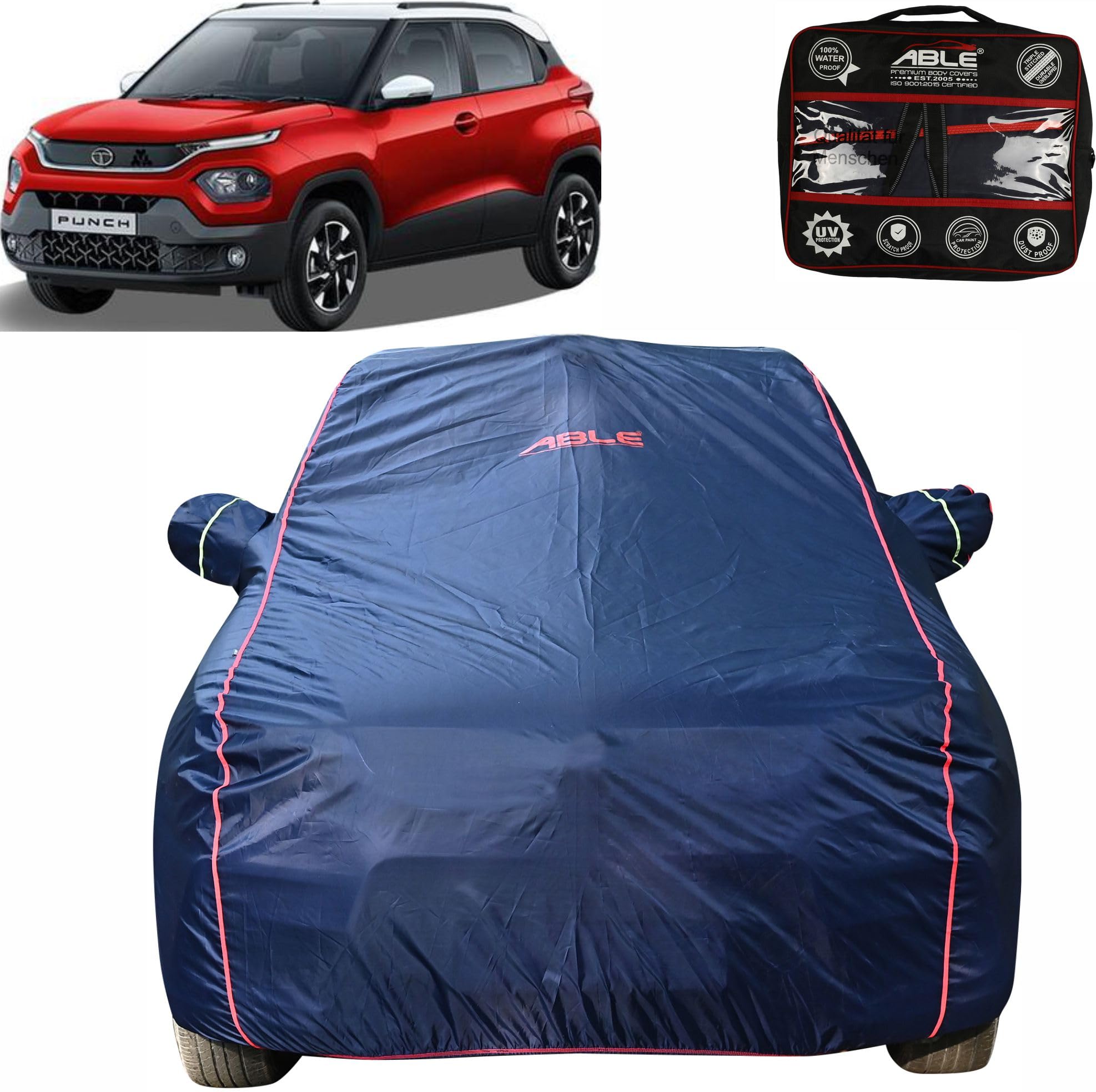 Able Parashuit Blue WR Series Car Body Cover with Mirror Pockets and Driver Door Zipper Compatible for TATA Punch (2021 to Till Now Model)