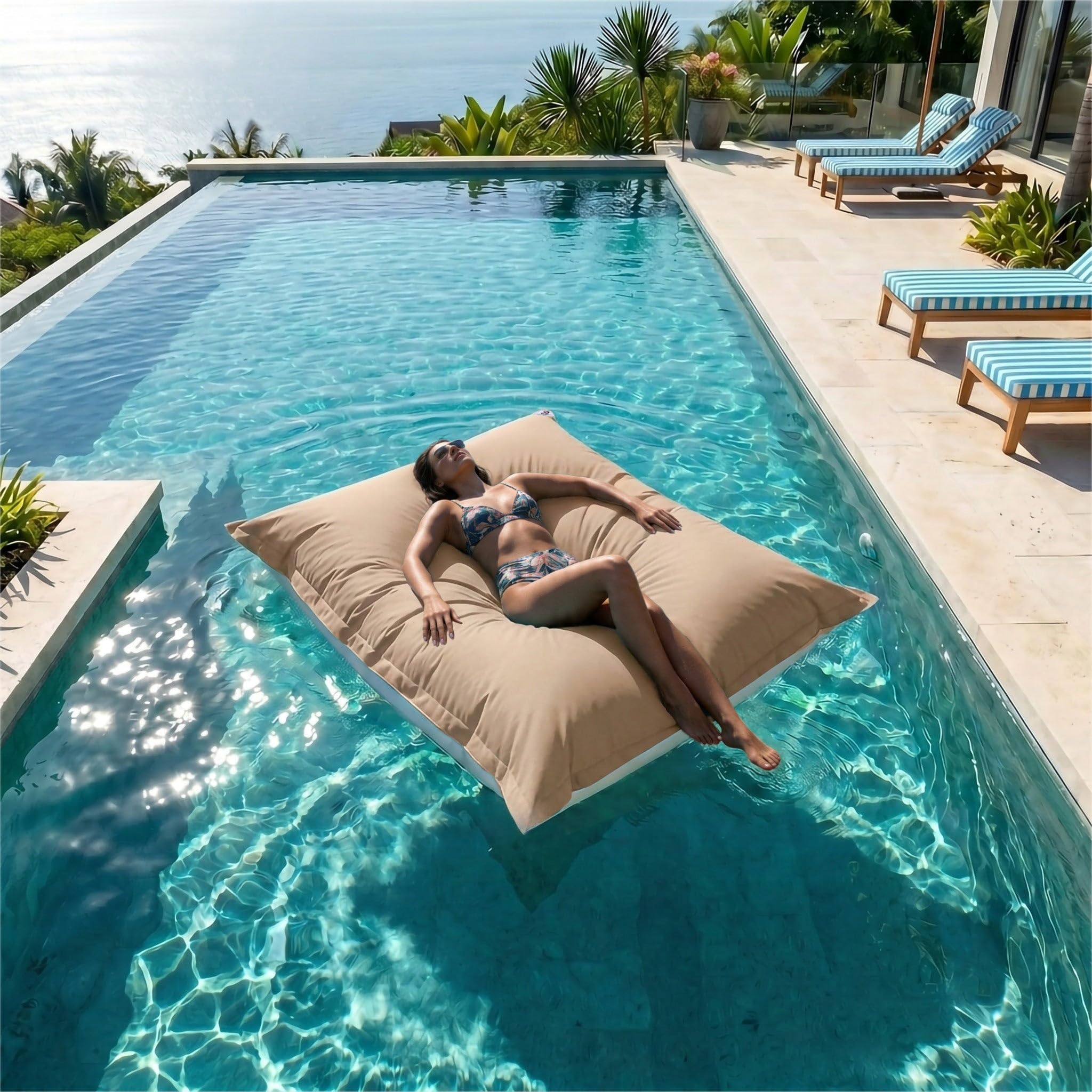 Pouf da Esterno Gigante XXL 180x140cm Imbottito (Non Gonfiabile) Galleggiante Piscina - Pouf Giardino Impermeabile Sfoderabile - Riempimento 450L Palline Polistirolo - Beige