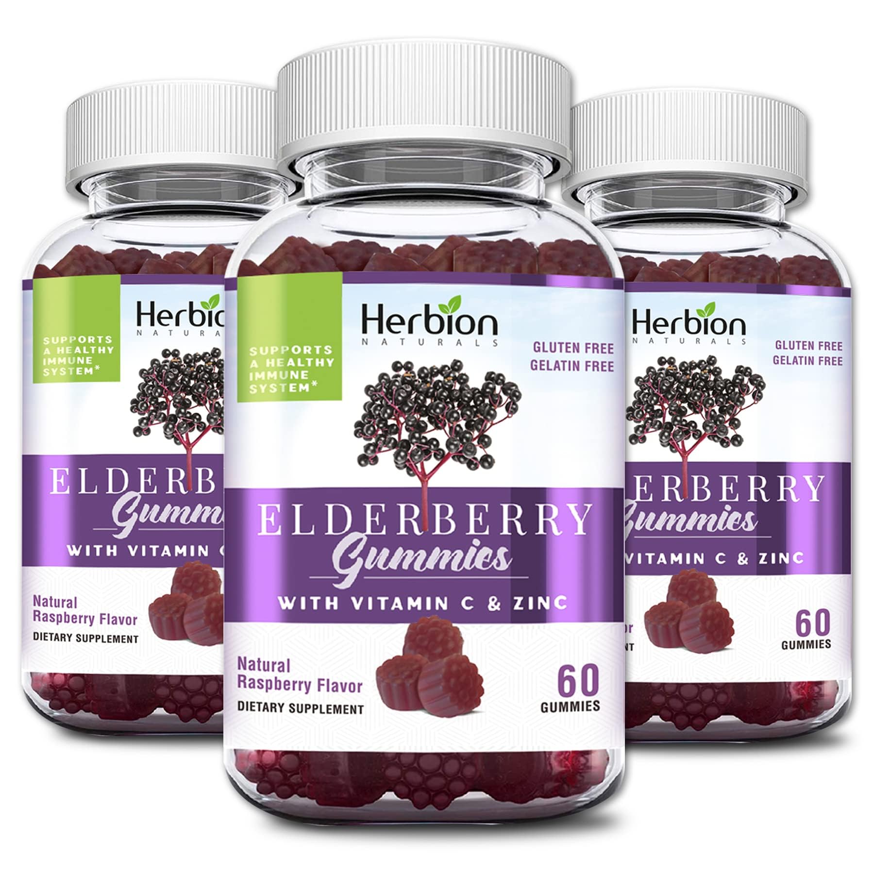 HERBION Elderberry Gummies with Vitamin C & Zinc - Healthy Immune System Support - Gluten-Free & Gelatin-Free - 60 Gummies for Adults & Children 4 Years & Above