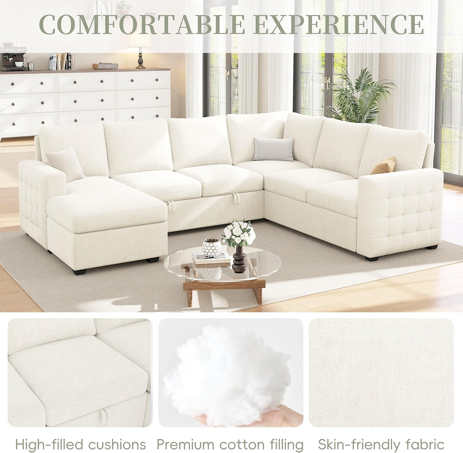 104" Sectional Sleeper Sofa Bed, Pull Out Couch with Storage, Modular Cloud Sofa with Chaise, 7 Seat U Shaped Sectional Couches for Living Room& Apartment, Convertible Sofas, White Couch