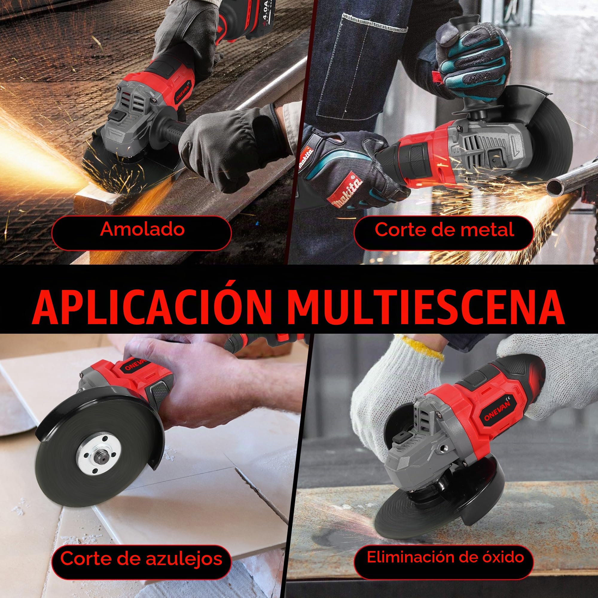 ONEVAN amoladora angular inalámbrica profesional 125mm 20V sin escobillas 4.0Ah batería doble, amoladora angular de 8000 RPM con tapa de cierre rápido, mango antivibración, juego de disco de corte