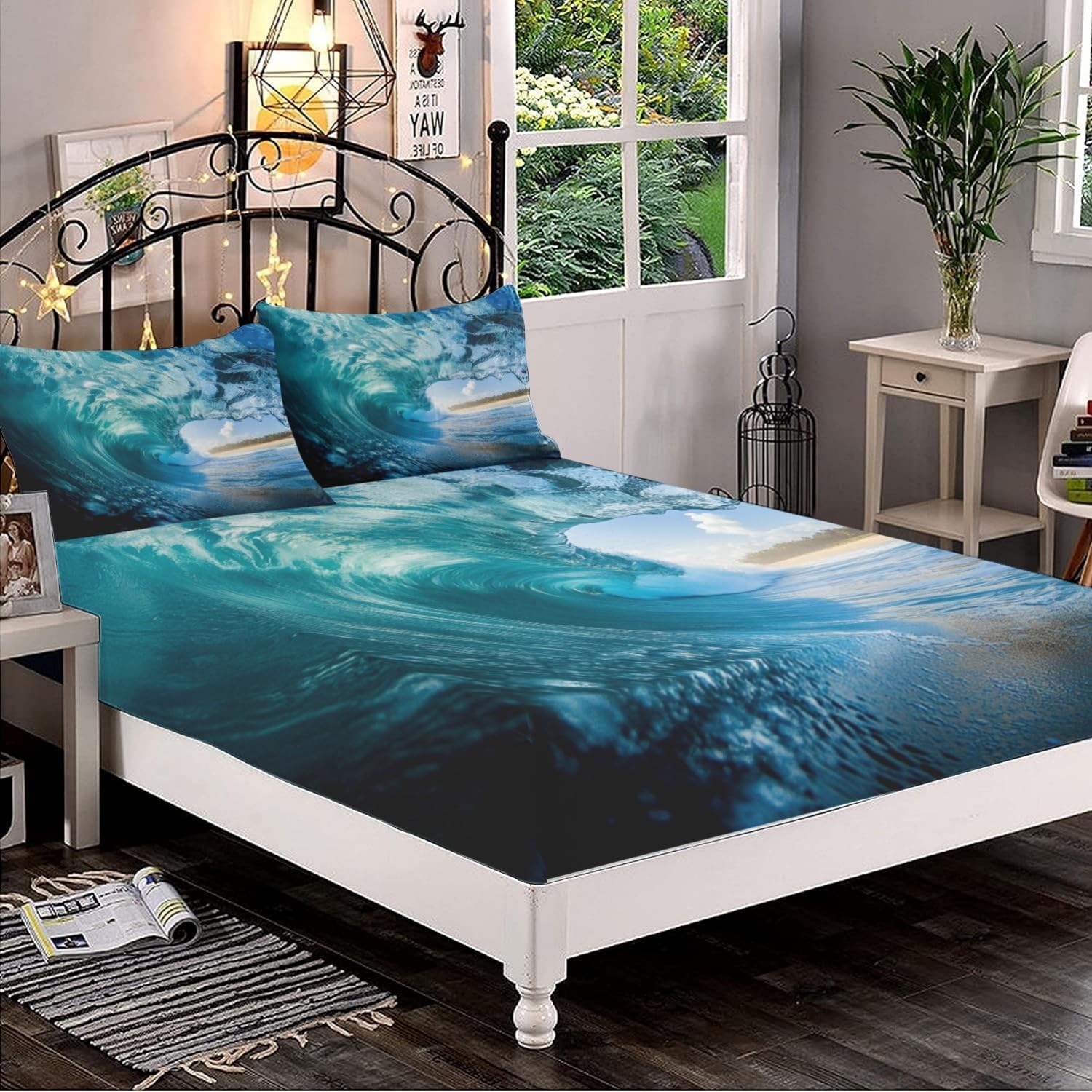 Motif de Vagues DéChaîNéEs Respirant Drap Housse 200x200 cm Bleu Clair Drap-Housse en Microfibre, Drap Plat 2 Personnes, Parure de Lit avec 2 Taie d'oreillers pour Matelas Épais
