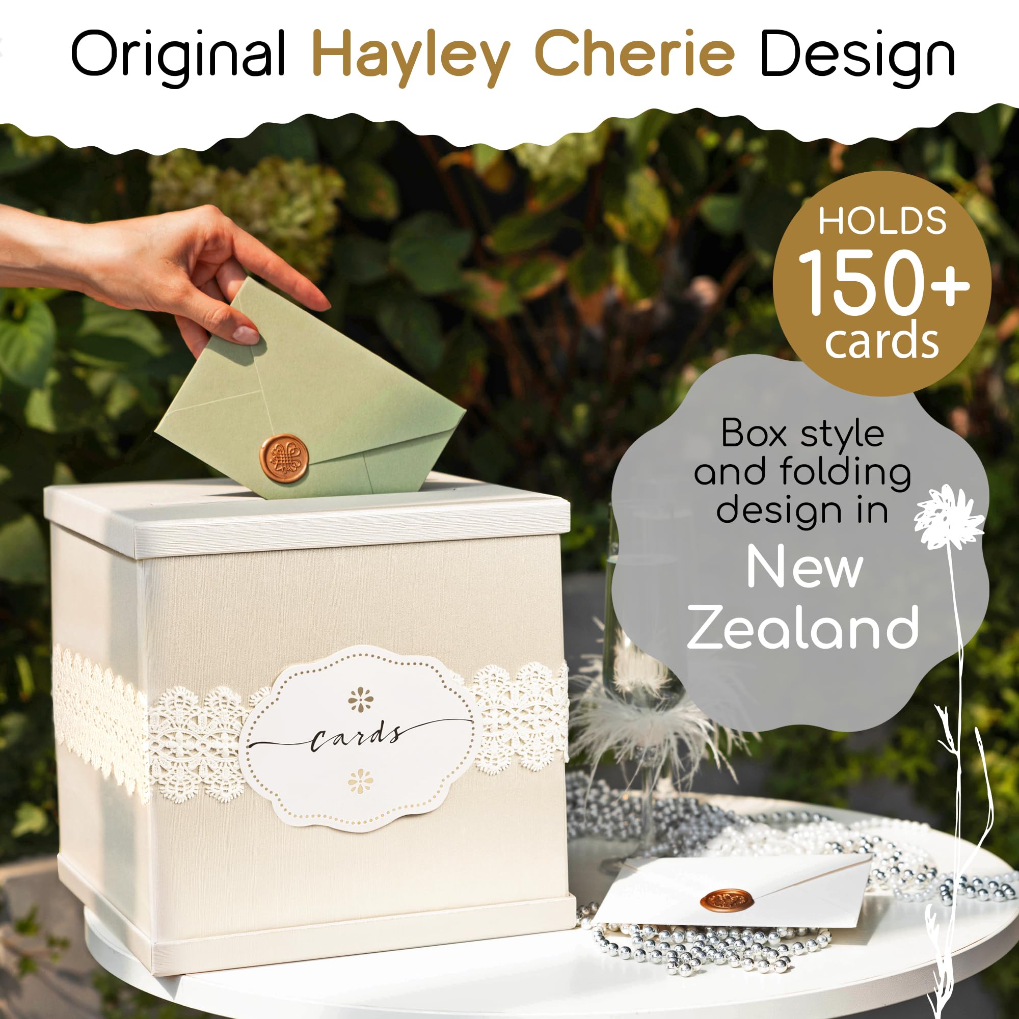 Hayley Cherie Pudełko na karty podarunkowe w kolorze kości słoniowej z teksturowanym wykończeniem z białej koronki - duży rozmiar 25 cm x 25 cm - na przyjęcia weselne, wieczór panieński i baby shower