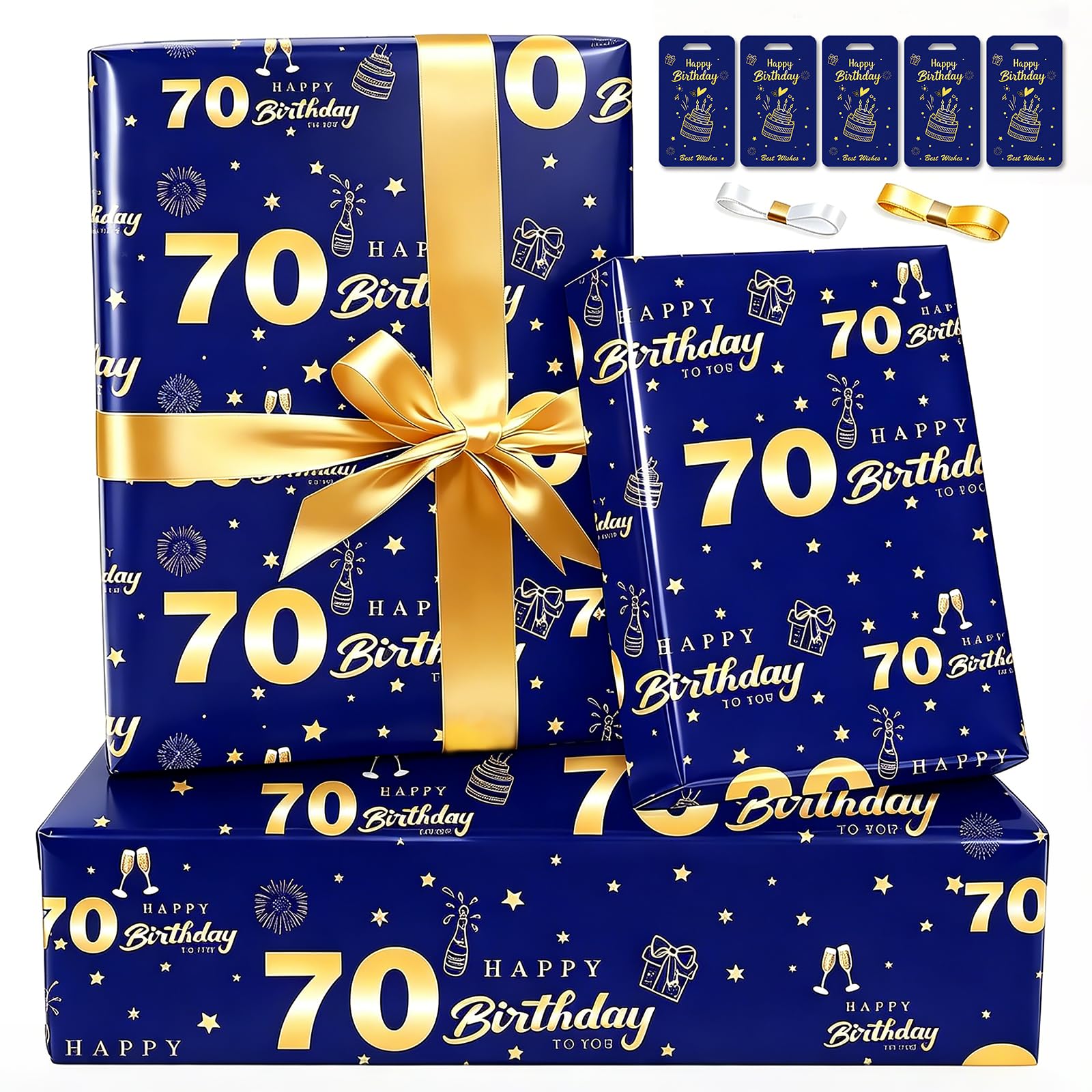 70th Birthday Wrapping Paper Age 70 Wrapping Paper 70th Birthday Paper for Him Luxury Gift Wrap Paper Set with Ribbons Gift Tags for 70 Year Old Man Birthday Gifts for Grandad Husband,Blue Gold Navy