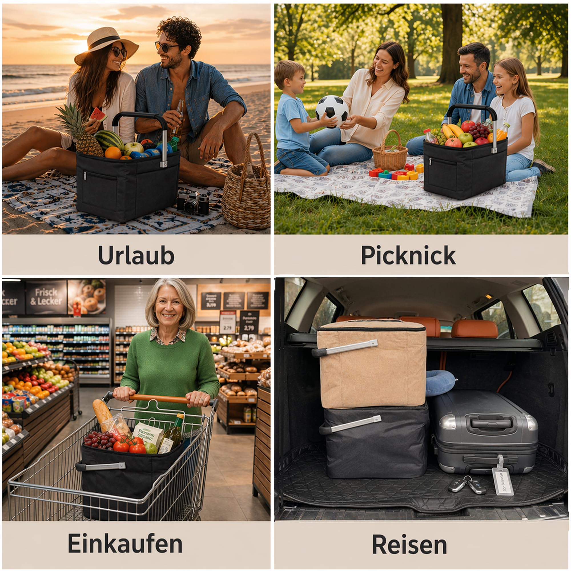 43L Einkaufskorb faltbar mit Deckel, groß, stabil, isolierter Kühlkorb, Thermokorb oder Thermotasche, klappbar, ideal für Picknick, Camping, Reisen, Einkauf (Schwarz)