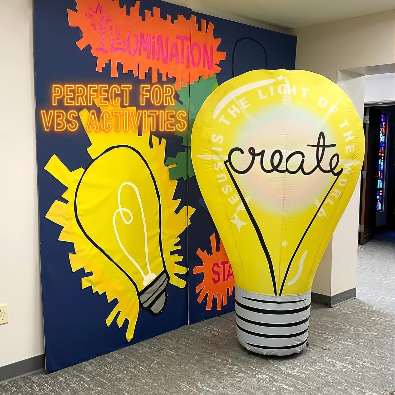 VBS 2026 Inflatable Light Bulb Illumination Decor 6.5 ft Tall Double Sided Air Bulb with Create Sign for VBS Large Sized Bible Decor Vacation Bible School Illumination Party Decoration