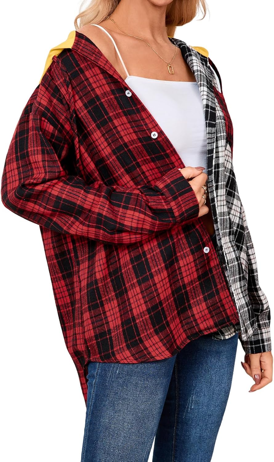 Women’s Button Down Shirt Plus Size Blouse Shirts Tartan Plaid Color Block Casual Oversized Boyfriend Hooded Outwear - Image 2