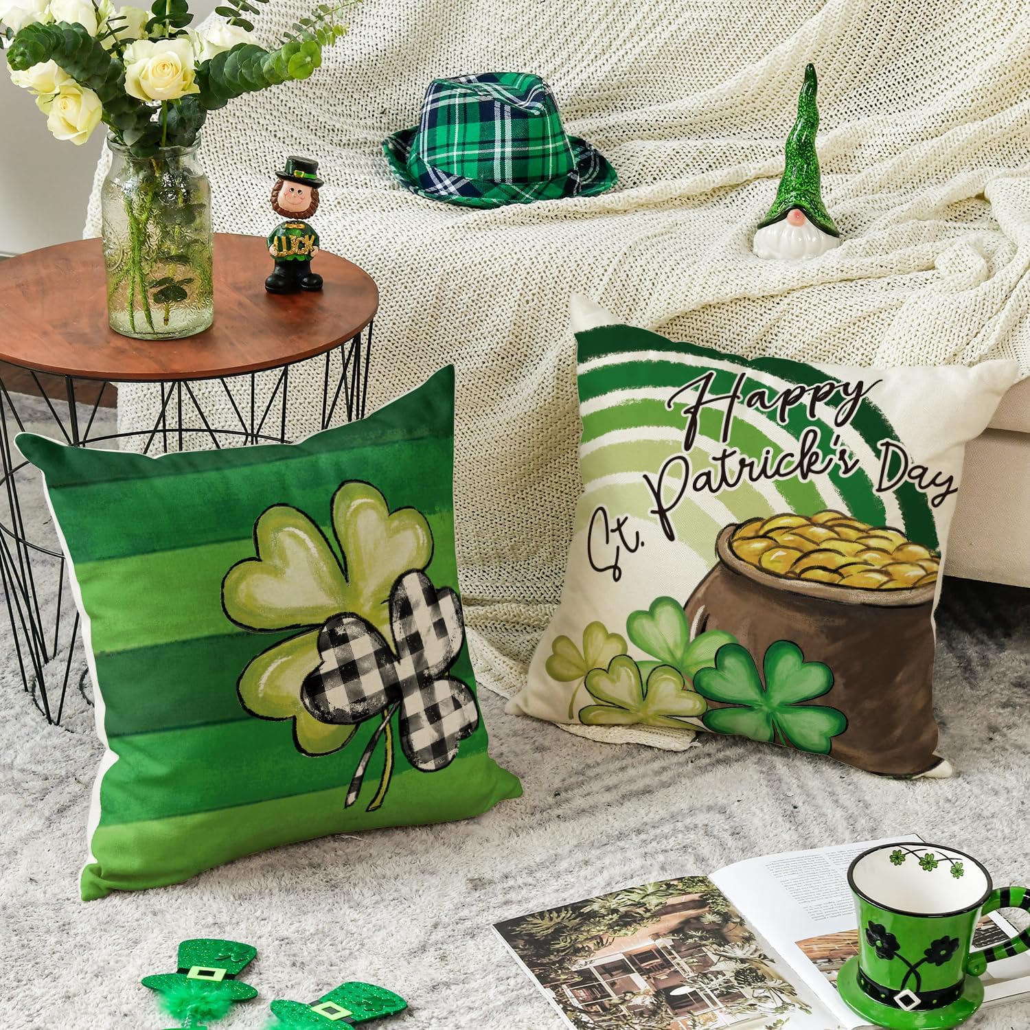 AVOIN colorlife Happy ST Patricks Day Lucky Charm Blessed Hat Clover Stripes Throw Pillow Covers, 18 x 18 Inch Buffalo Plaid Bow Shamrocks Decoration for Sofa Couch Set of 4 - Image 3