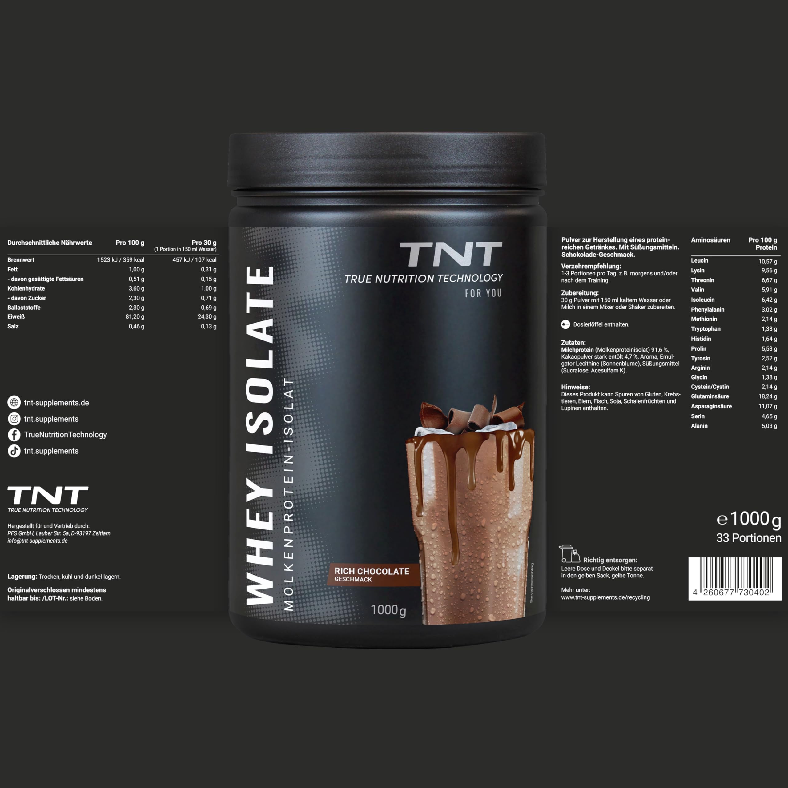 TNT Whey Protein Isolate - 1kg - Molkeprotein Isolat - Rich Chocolate | Eiweißpulver - 25g Protein pro Shake - Tolle Löslichkeit - Leckerer Geschmack - Wenig Fett & Kohlenhydrate - Vegetarisch