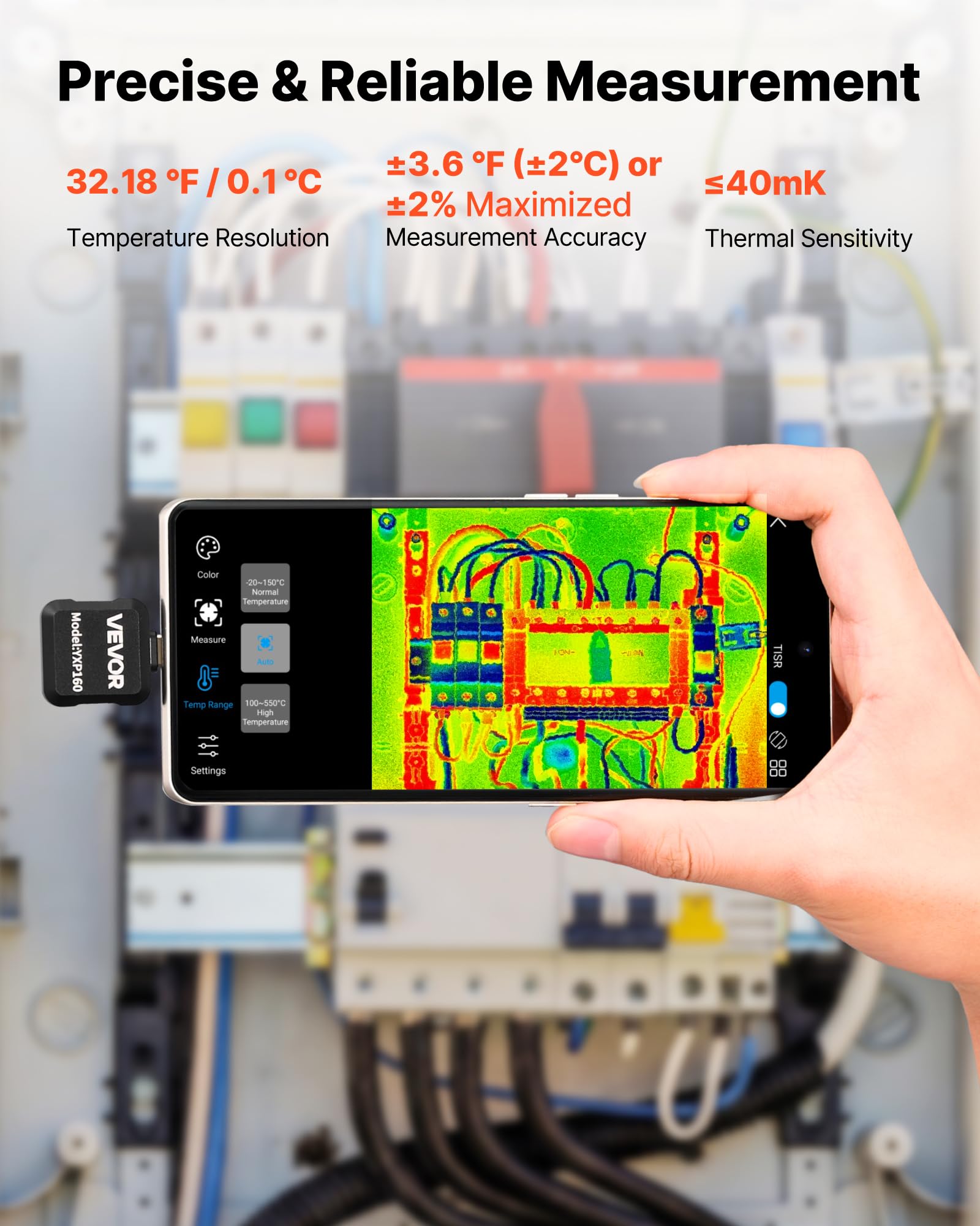 VEVOR Kamera termograficzna dla systemu Android, rozdzielczość IR 160x120, kieszonkowa kamera na podczerwień do smartfonów i tabletów, rozdzielczość TISR 320x240, 25Hz, -20°C do 550°C, 15 palet