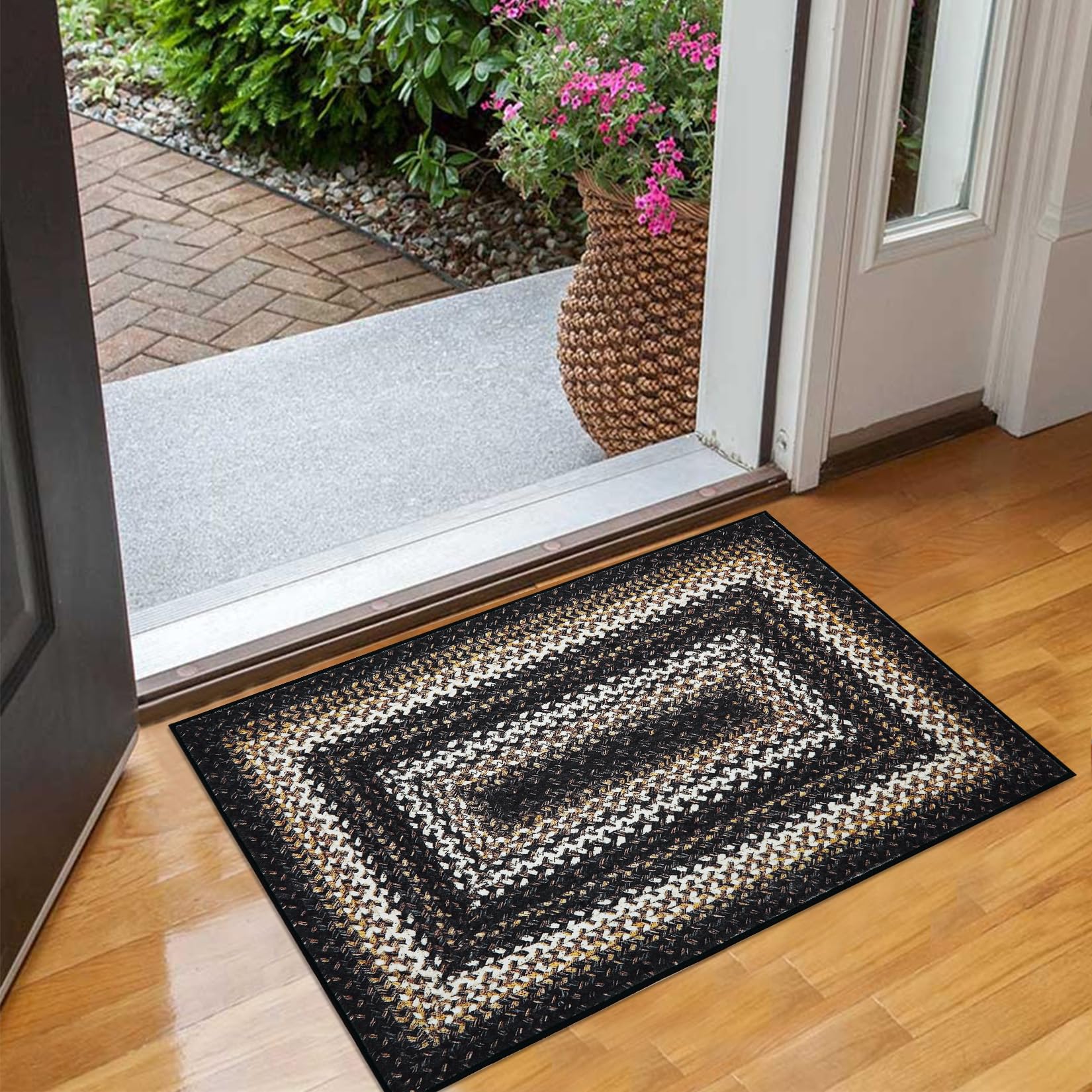ROYHOME Small Doormat 2x3 Washable Area Rug Boho Braided Print Area Rugs Modern Geometric Area Rug Farmhouse Throw Carpet Accent Floor Cover for