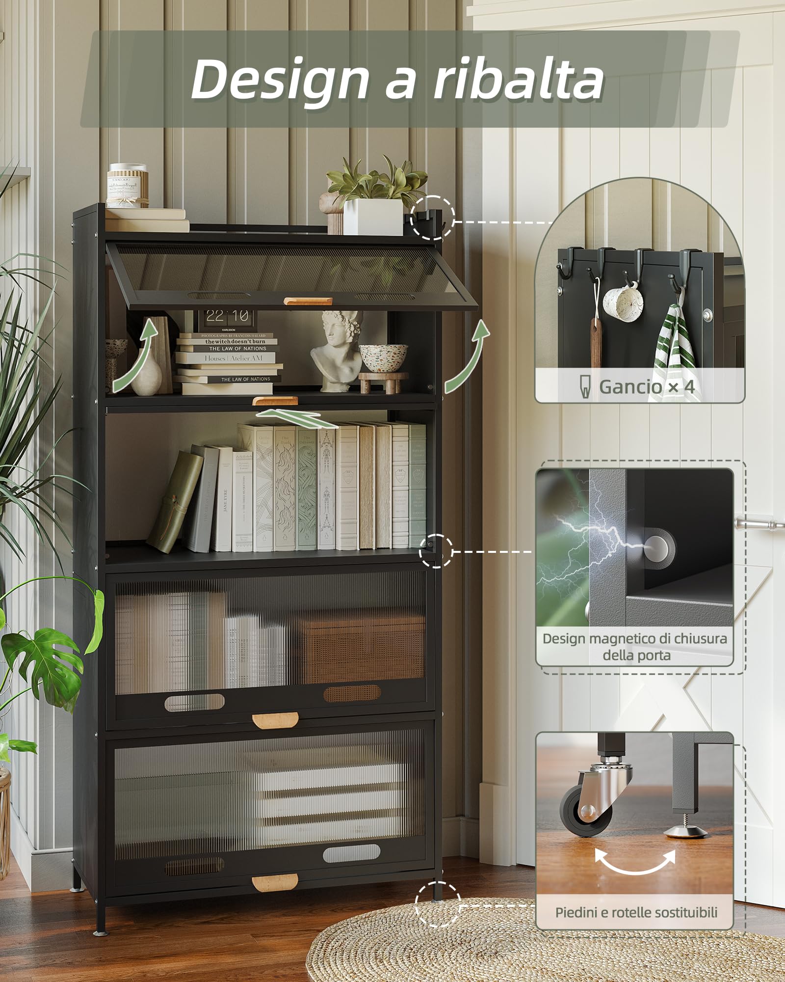 NETEL Scaffale da Cucina Inossidabile a 5 livelli, Mensola Microonde con Ruote e Pedane, Mobile Salvaspazio, Ripiano per Microonde, Organizer Cucina Nero 70 * 32 * 145CM