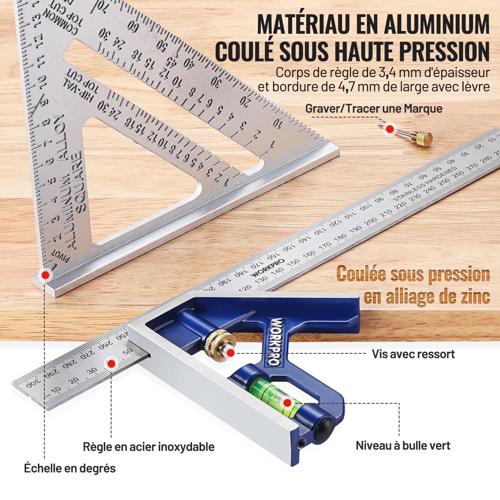 WORKPRO Equerre Menuisier 300 mm et Equerre Charpentier Triangulaire 180mm, Equerre Combinée avec Niveau à Bulle en Acier Inoxydable, Ensemble d'Outils d'Equerre pour Bricolage, Outillage, Menuiserie