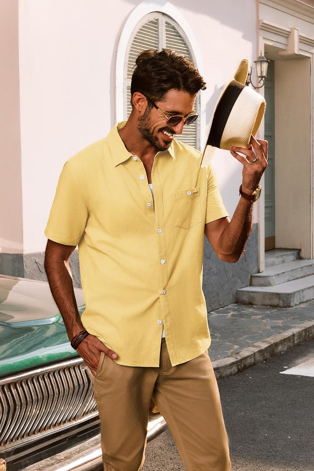 PJ PAUL JONES Mens Button Up Shirts Short Sleeve Untucked Shirts with Pocket for Summer Beach Vacation - Image 3