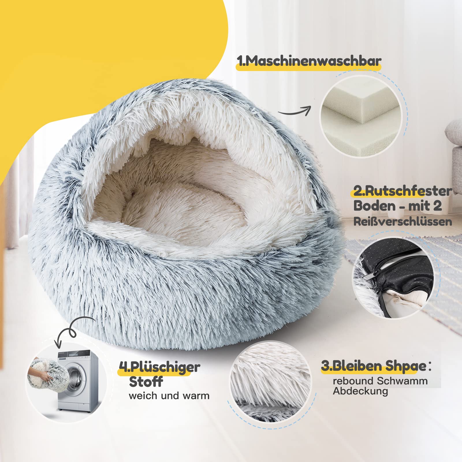 CATISM Lit pour Chat, Maison de Beignet en Peluche à Capuchon, Coussin Doux et Confortable Gris (50X50cm)
