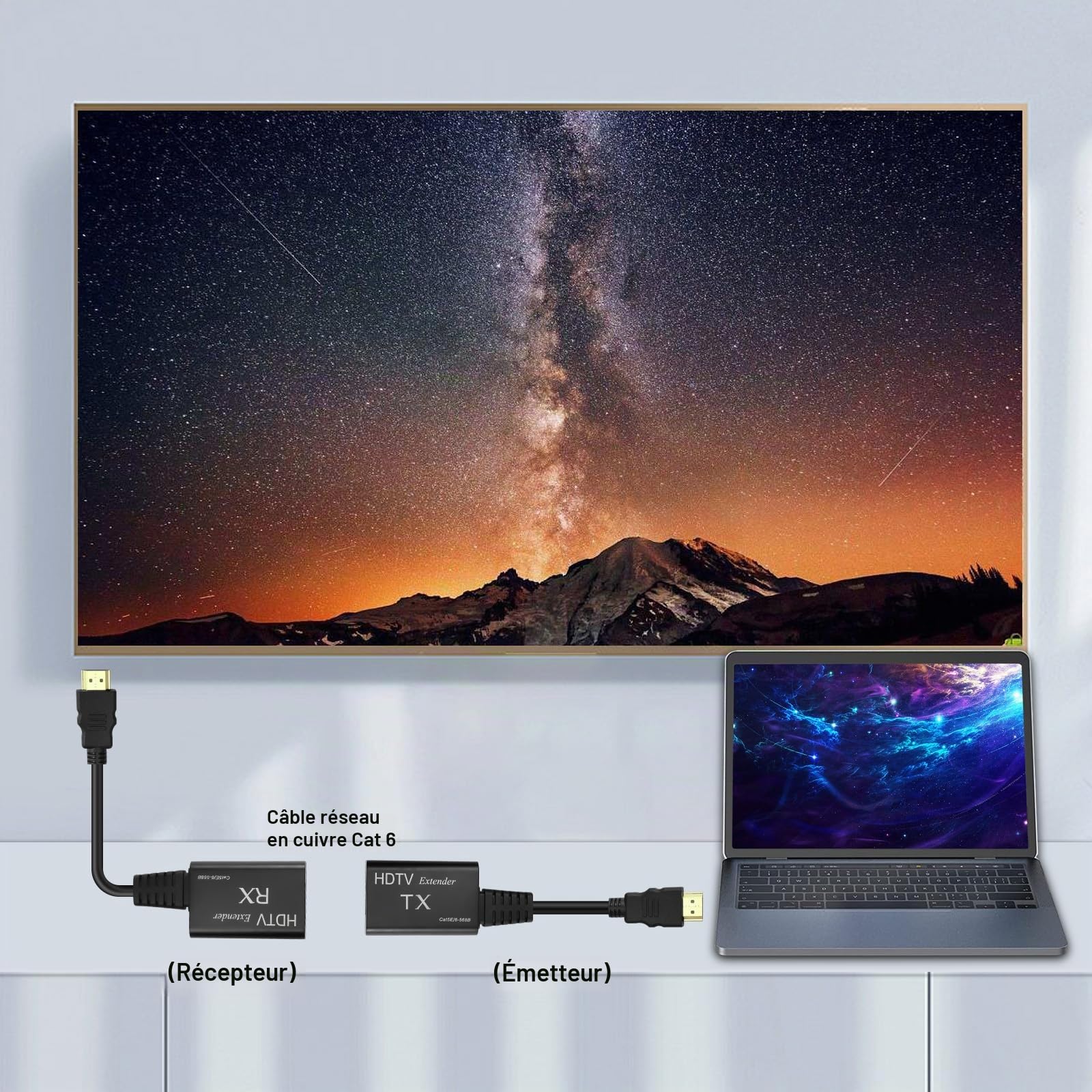 XMSJSIY Rallonge HDMI mâle vers RJ45 réseau LAN 60 m Convertisseur répéteur sur Cat 5e/6 1080p jusqu'à 60 m pour HDTV HDPC 4K 2K (60 m) - Besoin de régler la distance de transmission