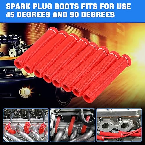 Miniatura 5 de Shinehome - Botas de alambre para bujías, funda protectora de calor para bujías de 2500 grados, 6 pulgadas, para SBC BBC 350 454, 8 unidades (rojo)