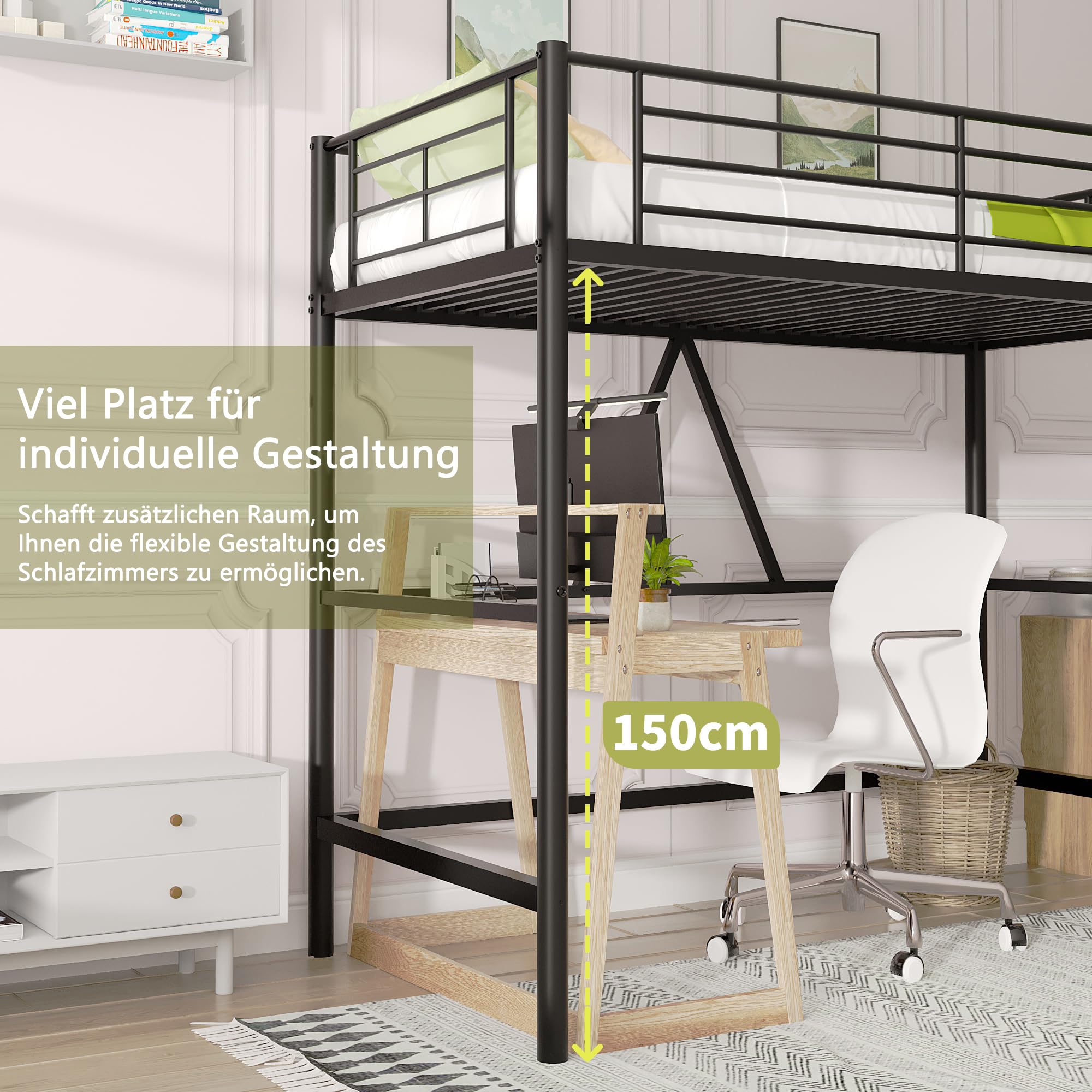 VECELO Etagenbett 90 x 200 cm aus Metall, Hochbett mit 150 cm Bodenfreiheit, abnehmbare Leiter und hohes Sicherheitsgeländer, geräuschfrei konstruiert für Kinder, Jugendliche und Erwachsene, schwarz