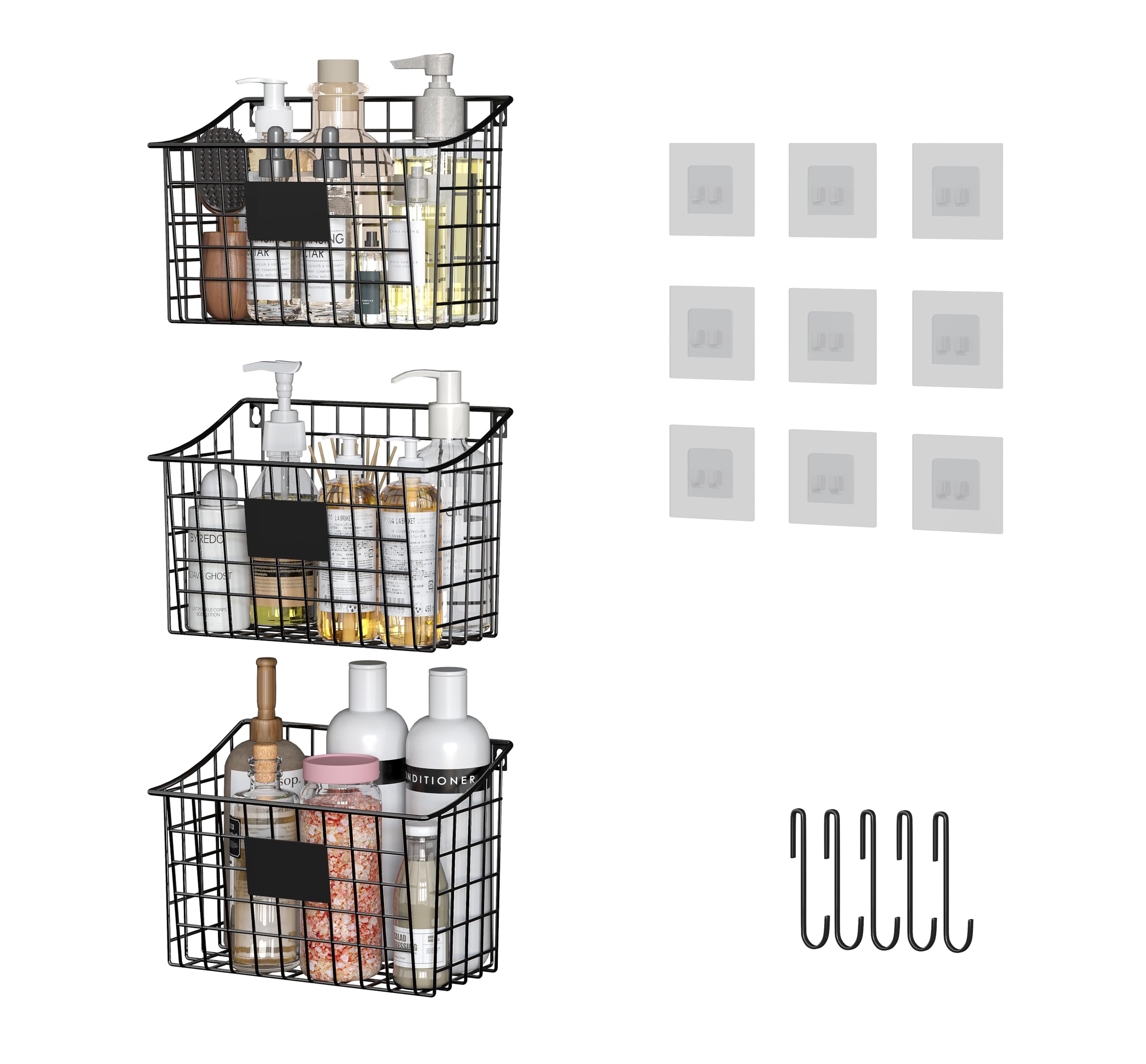 Wall Mounted Bin Basket with 5 Hooks 3 Label Plate Adhesive-3 Pack, Cabinet Hanging Metal Wire Basket,Rustic Farmhouse Decor, Storage Organization