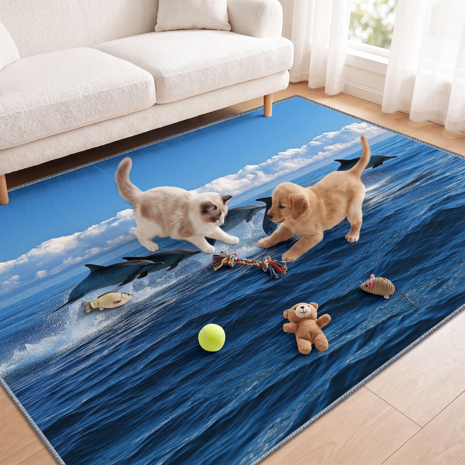 Grand Tapis Salon 140x200cm Photo Océan Animal Sauvage, Tapis de Salon Lavable en Machine Antidérapant à Poil Ras, Dauphin Sautant Surface Océan Doux Tapis Chambre Adulte pour Salle à Manger Couloir