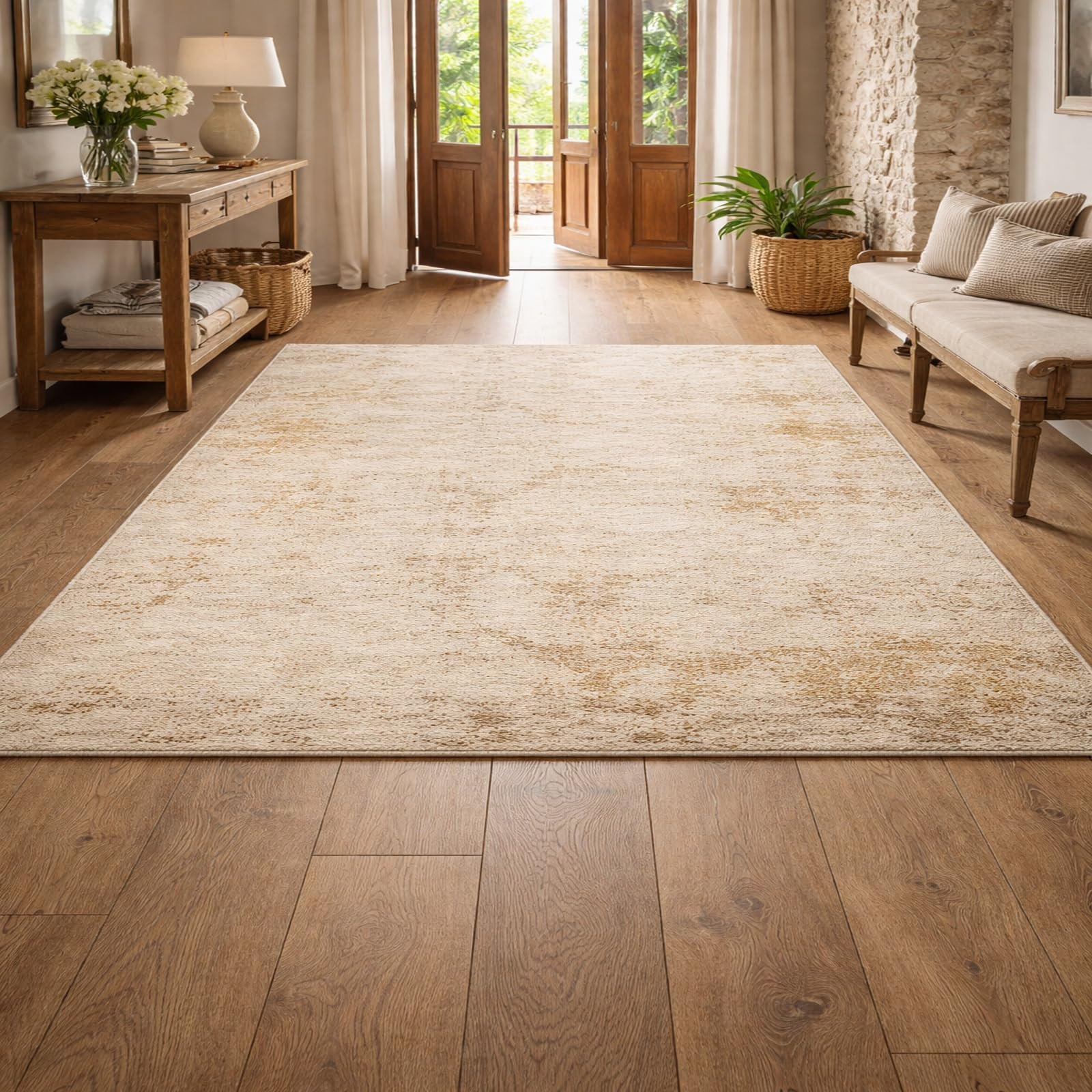 Grand tapis salon 200x280 abstrait moderne beige marron lavable