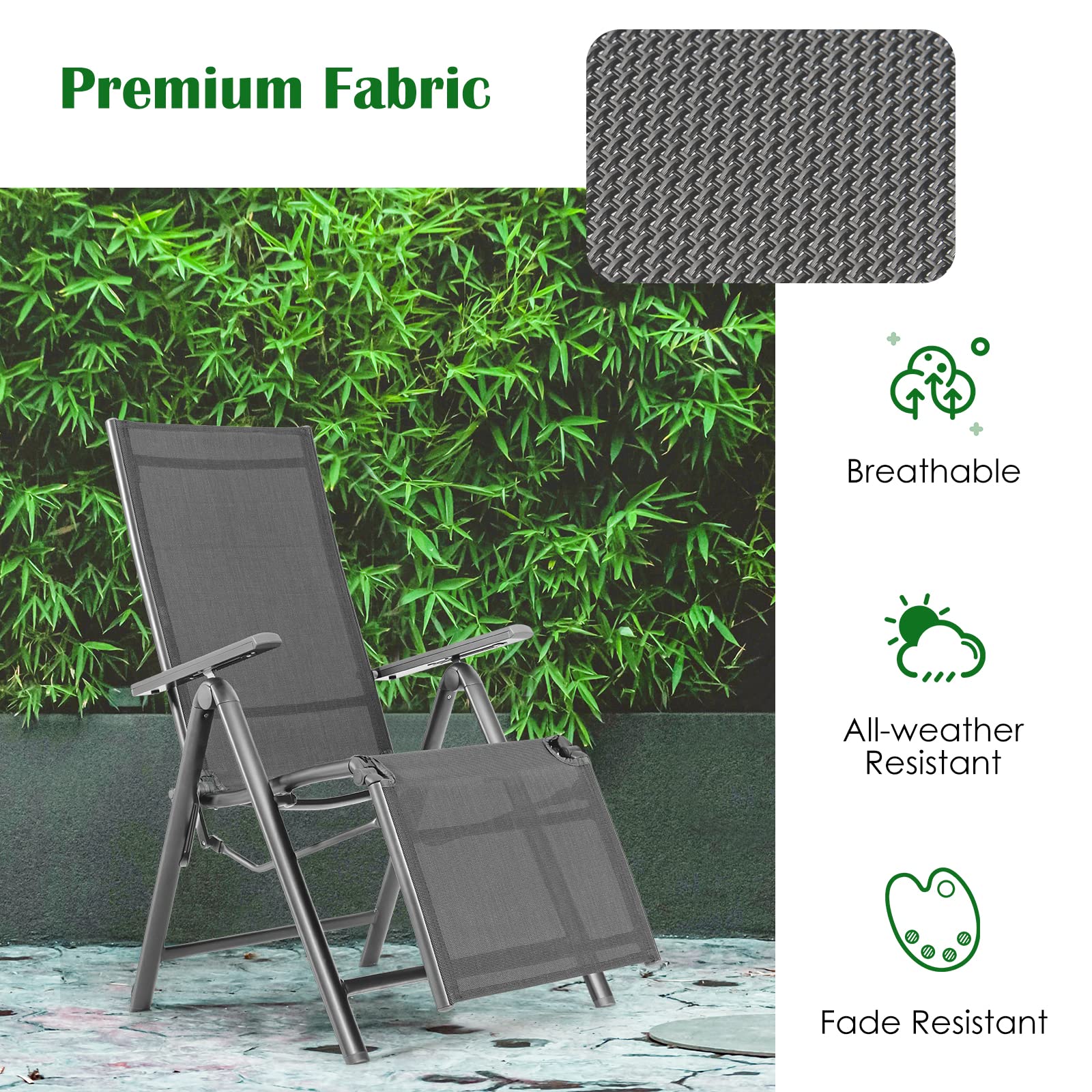 costway set of 2 patio folding chair recliner adjustable black