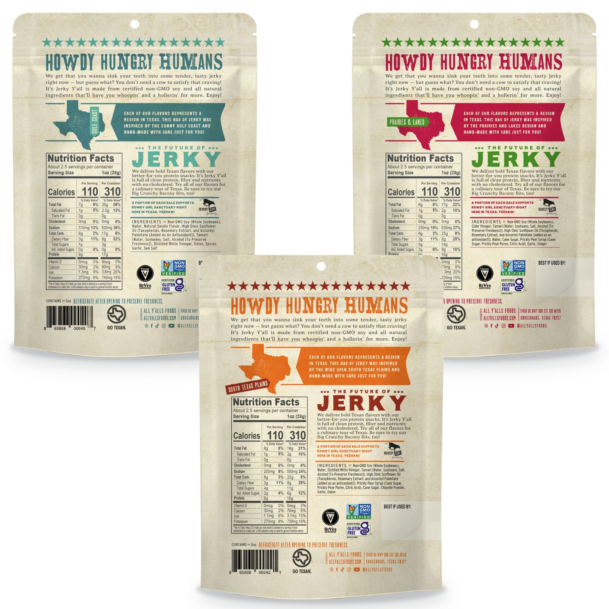 It’s Jerky Y’all Confezione Jerky Vegetale 3 Gusti – Snack Proteico di Soia Vegano nei Gusti Prickly Pear Chipotle, Black Pepper & Sea Salt e Prickly Pear Teriyaki – Vegan, Senza Glutine, Non-GMO