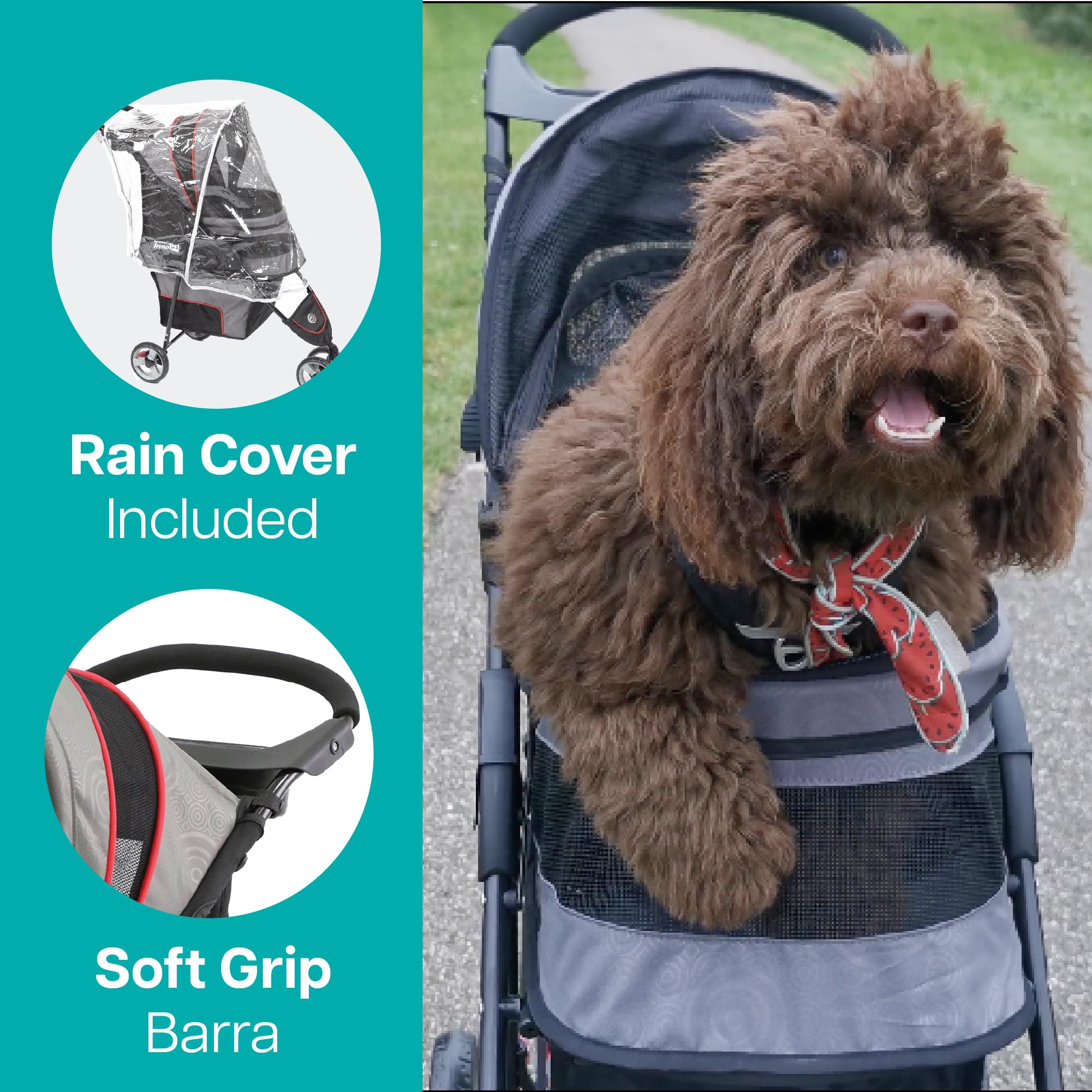 Passeggino leggero Innopet Avenue per cani e gatti, grigio/rosso - Passeggino urbano compatto per animali domestici con copertura antipioggia, cinture di sicurezza e cestino portaoggetti