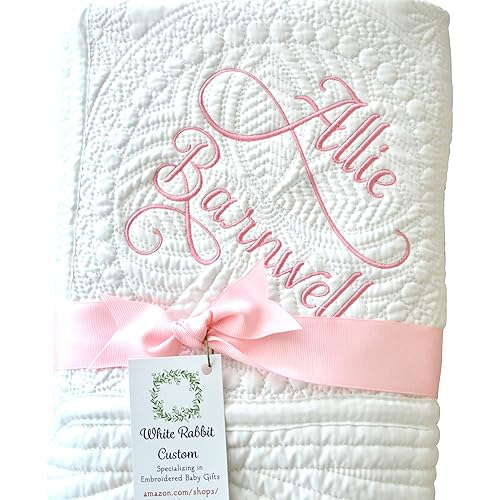 Personalized Baby Blanket Quilt Custom Name And Date Embroidered Monogrammed Girl Boy Crib Size White Pink Lightweight Blue