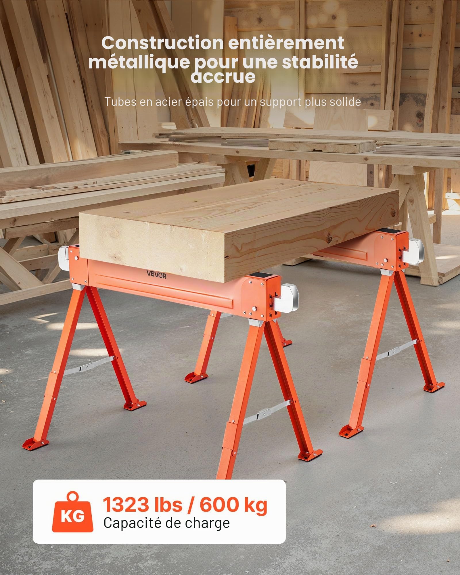 VEVOR Chevalet de Sciage, Lot de 2, Tréteau de Sciage Pliable, Capacité de Charge 600 kg, avec Pieds Robustes, Patins Antidérapants, Outil Tout en Métal pour Menuiserie, Menuisiers, Bricoleurs Bois