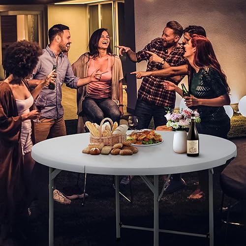 Miniatura 4 de Magshion Mesa de plástico plegable de 60 pulgadas, mesa redonda blanca resistente plegable para cocina o fiesta al aire libre
