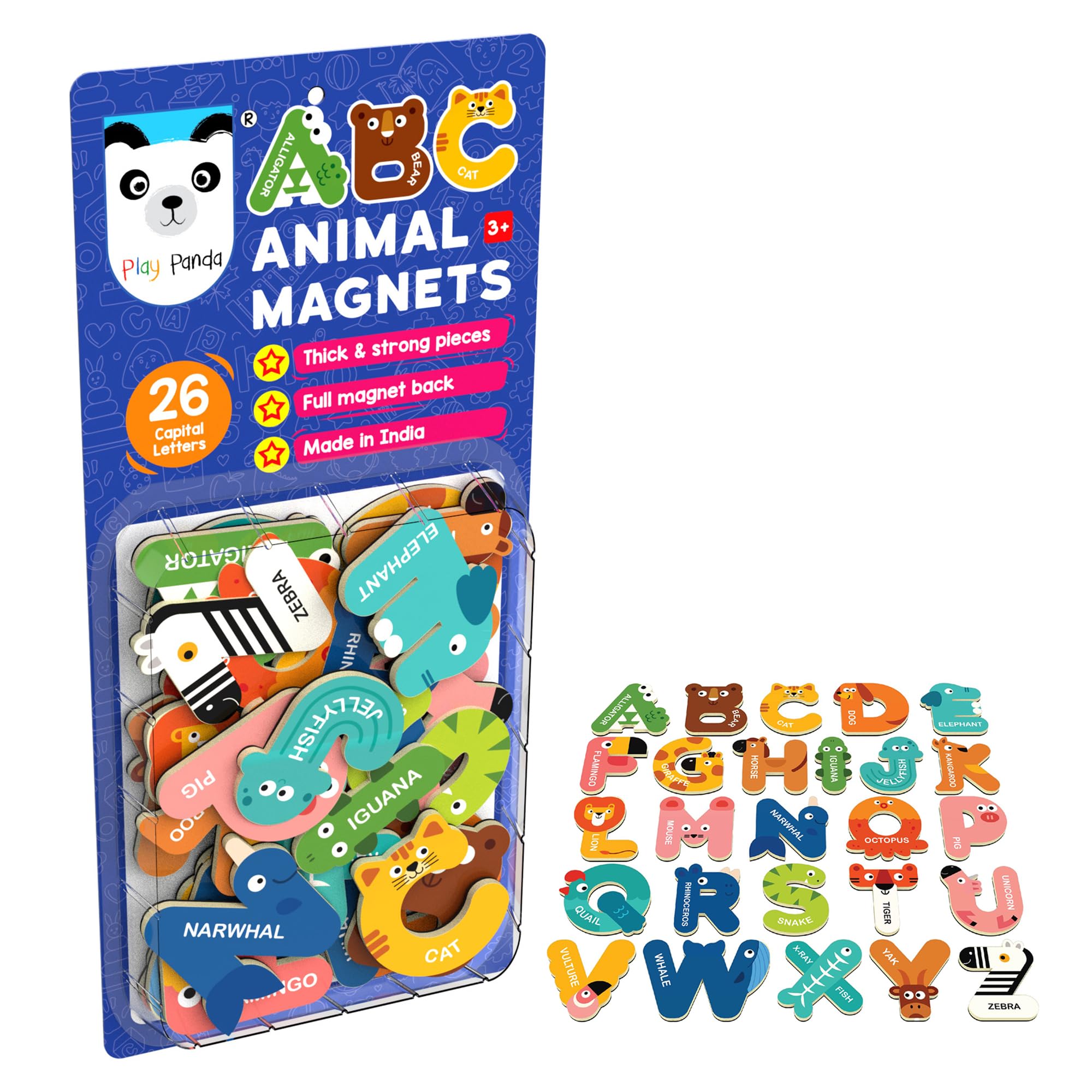 Play Panda ABC Animal Magnetic Capital Letters for Kids - 26 Uppercase, Fridge Magnet, Learning Educational Toy, Non-Toxic, Durable, Large Size, Age 3+