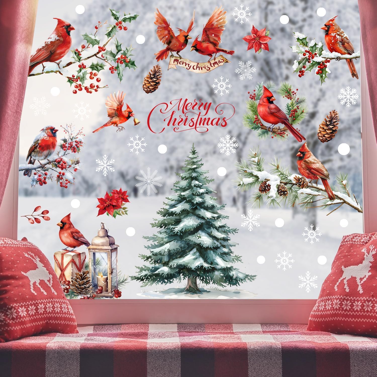 Christmas Winter Birds Window Clings 9 Sheets, Xmas Red Cardinal Pine Tree Static Window Stickers Decals Decorations for New Year Christmas Holiday Party Home Glass Windows Door Decor (B)
