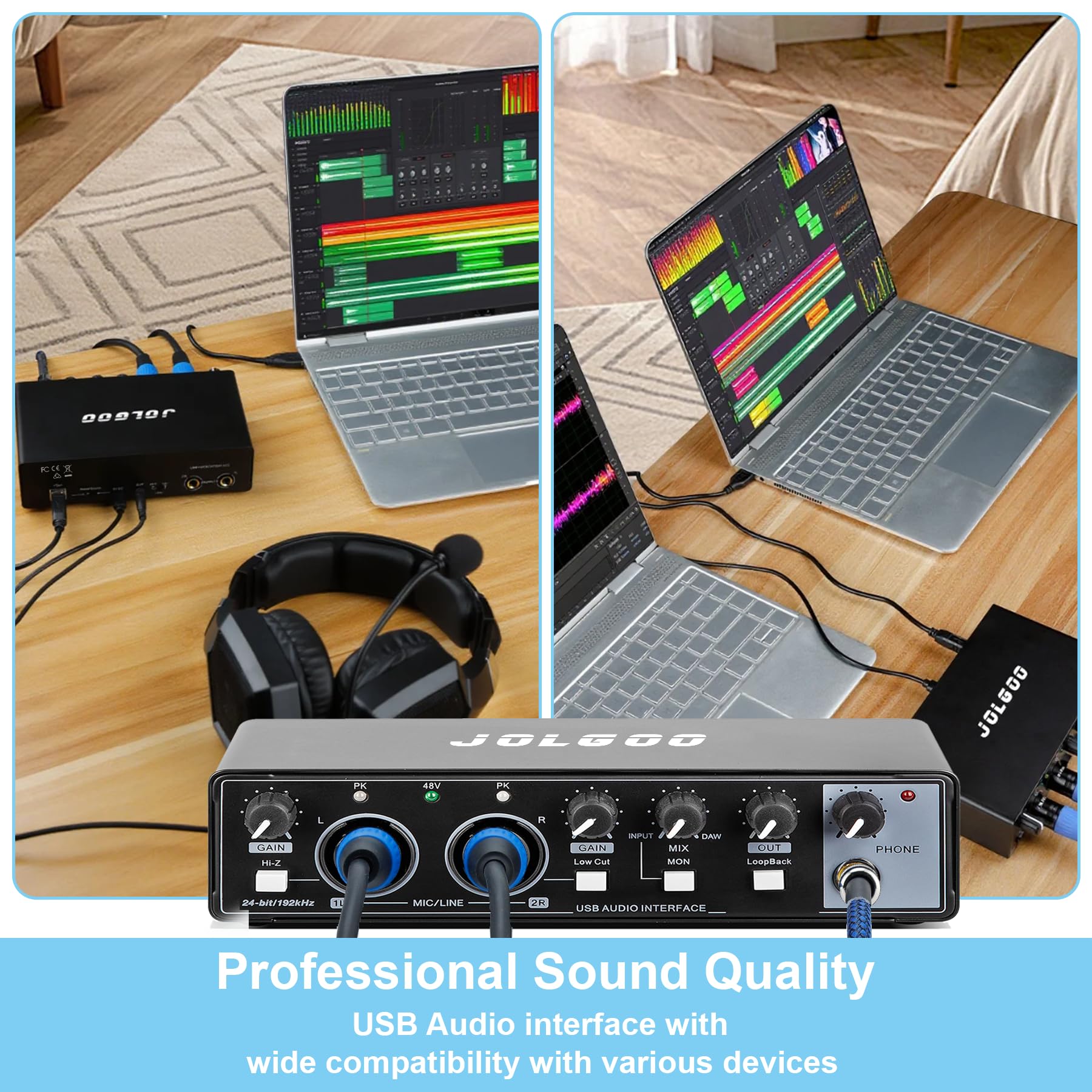 Interface audio USB pour l'enregistrement de musique, 24 bits/192 kHz, interface audio Plug and Play pour PC, Mac et smartphone - Faible latence, entrée XLR/ligne, sortie casque