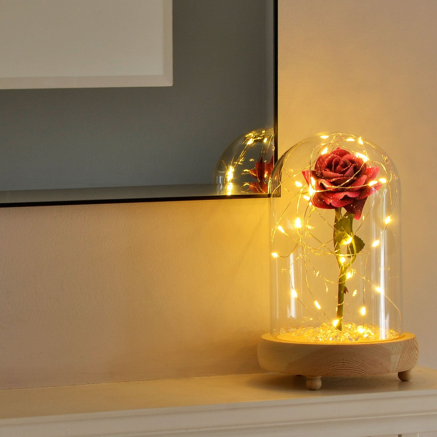 Angraves Pink Sparkle Enchanted Rose in Glass Dome Bell Jar Cloche with Lights