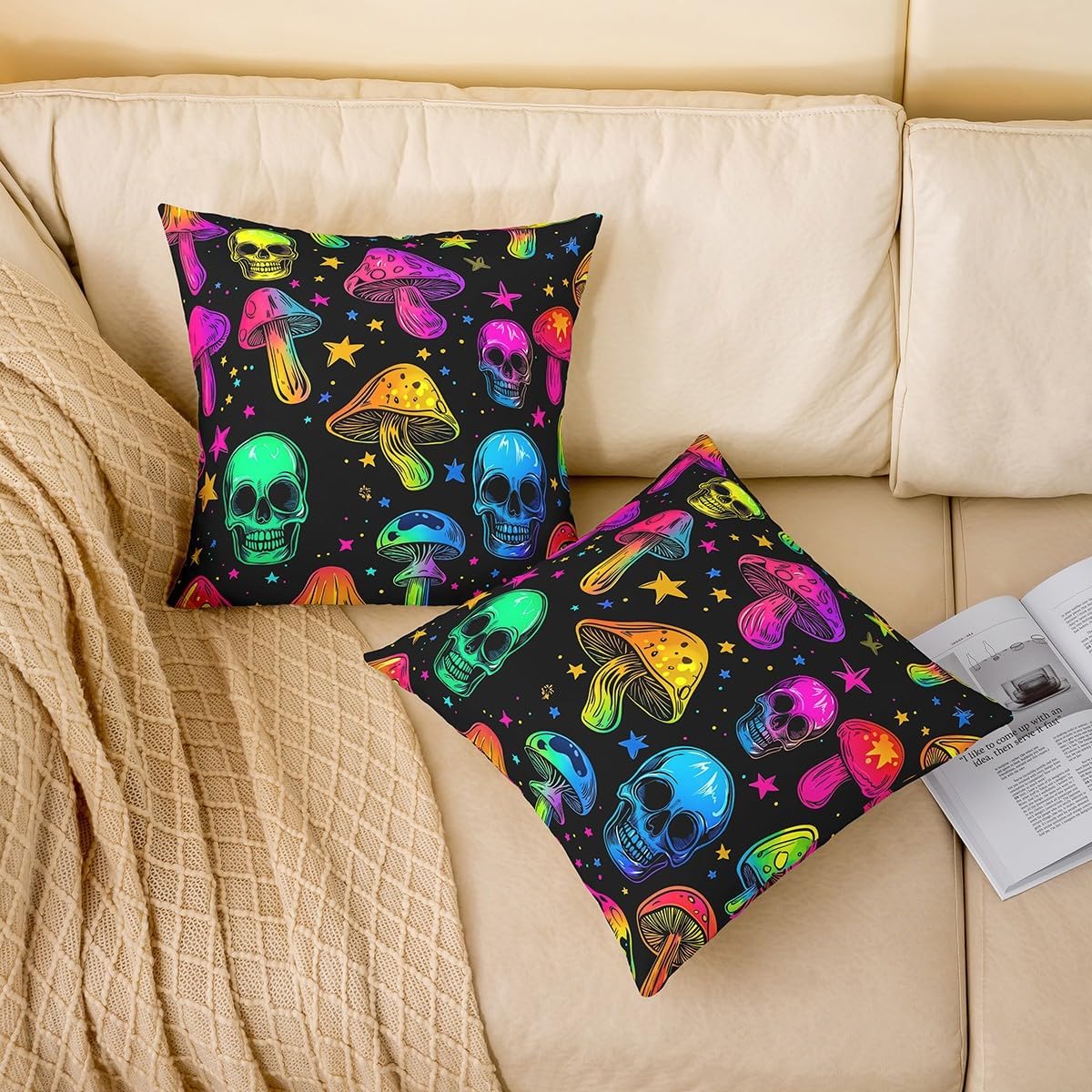 Erosebridal Cute Mushroom Cushion Covers Death Skull Set of 2 Throw Pillow Covers 22x22 Inch Boho Skull Skeleton Pillow Covers Kawaii Neon Wild Fungus Colorful Glitter Stars Decorative Pillow Covers