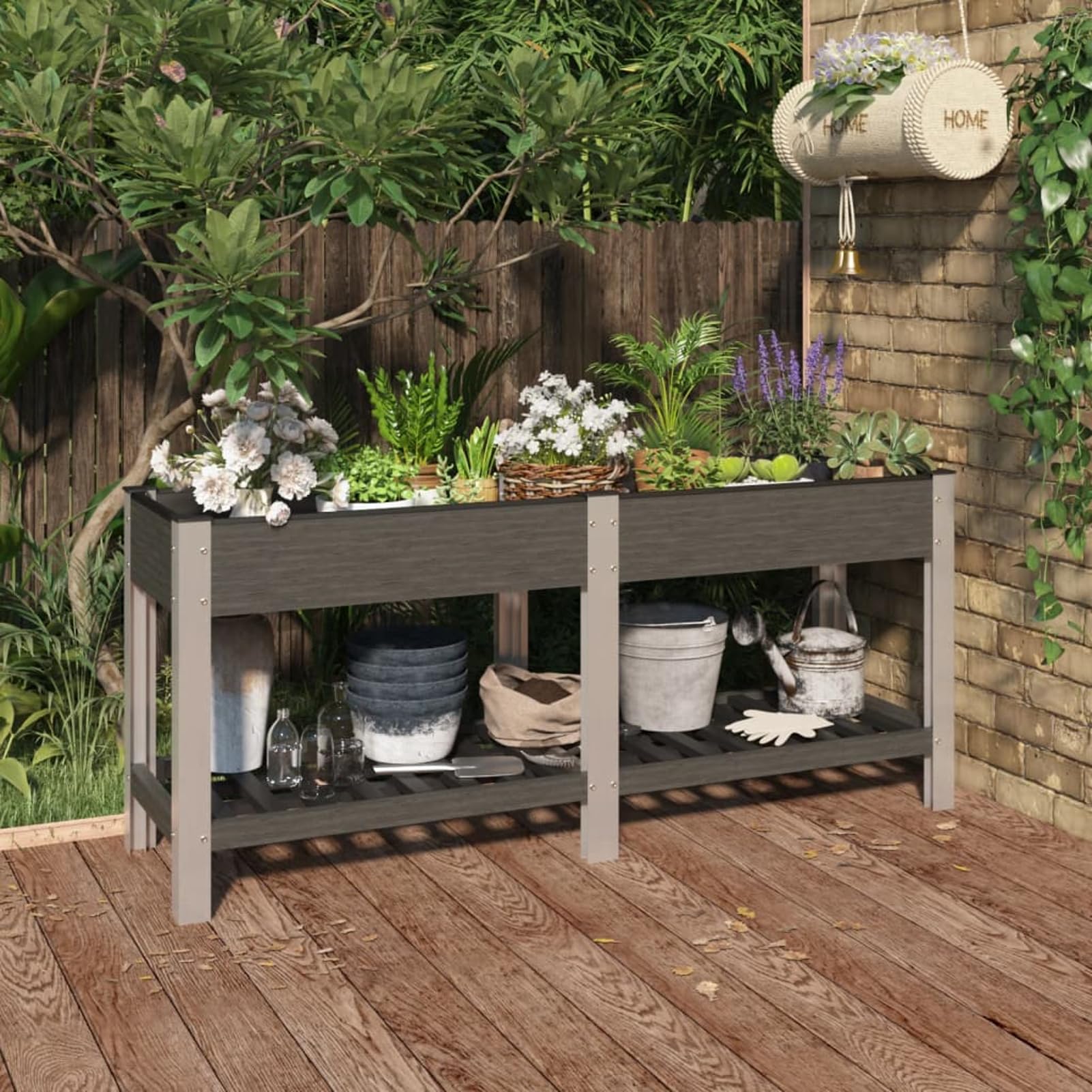 Gecheer Fioriera Rialzata da Giardino, con Ripiano, 175x50x75 cm, in WPC e Acciaio, per Balcone Patio e Orto Domestico