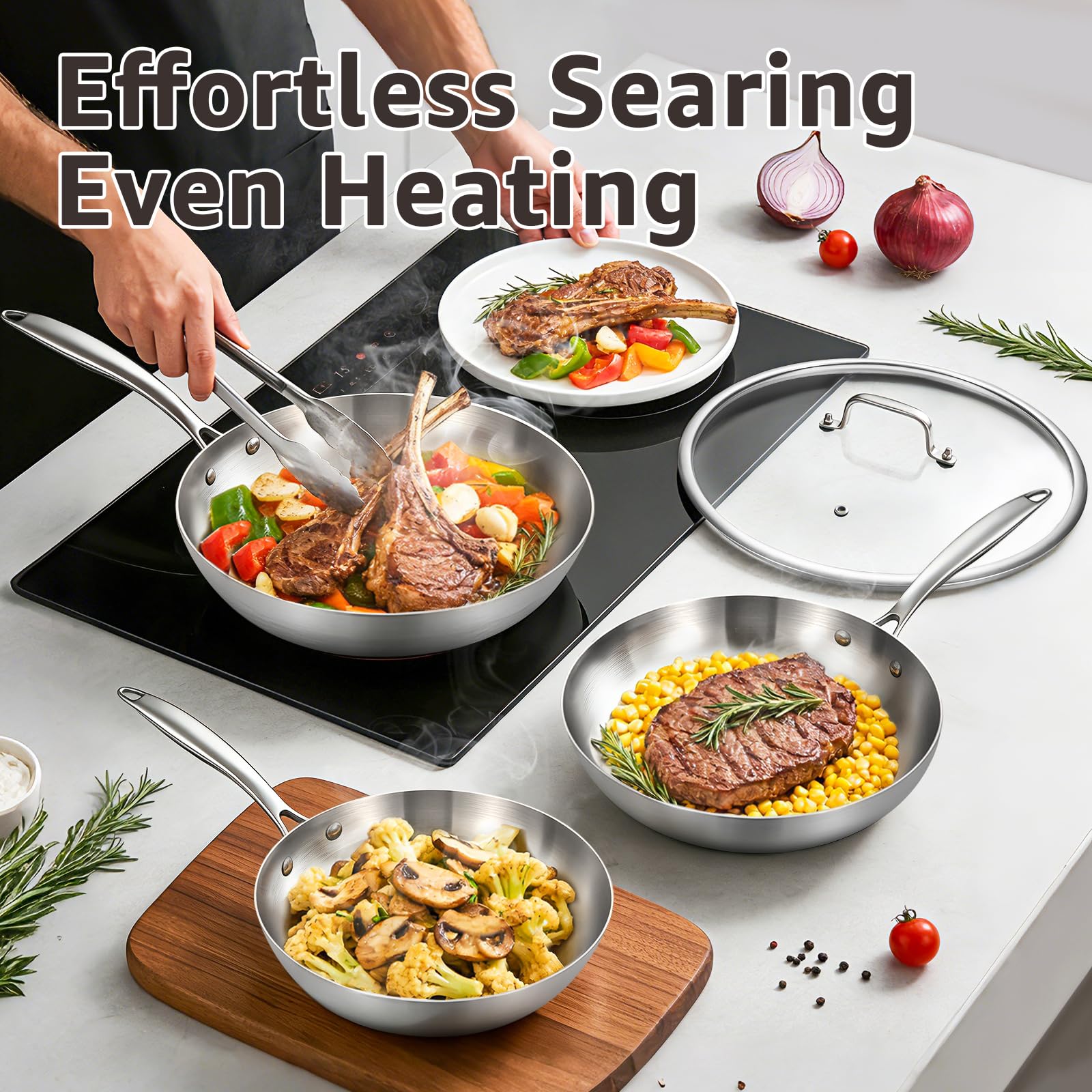 Inqibee Set di padelle in acciaio inox, 20/24/28 cm, con coperchio, in acciaio inox, non rivestite, per cottura a induzione e tutti i piani cottura, adatto al forno, lavabile in lavastoviglie