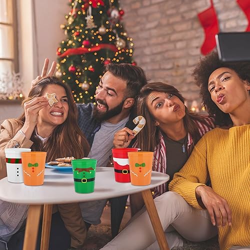 Miniatura 7 de 60 vasos de plástico de Navidad para fiestas, vasos de plástico de 16 onzas, vasos desechables para estadio, cinturón de Papá Noel, vasos de