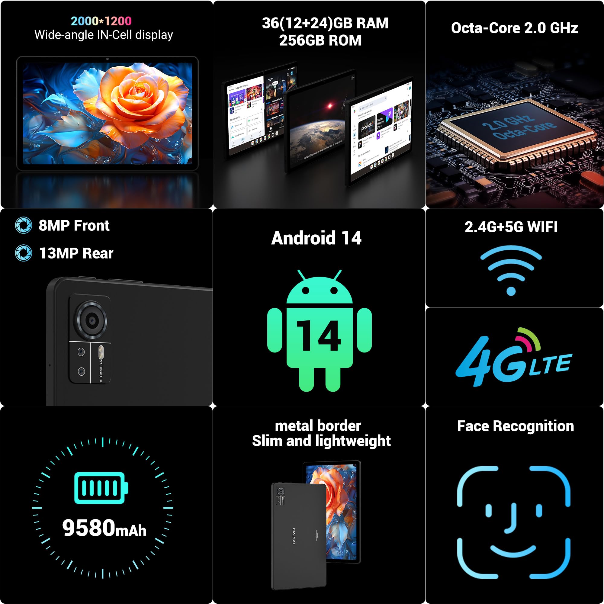 FASTWD Tablet 11 Pollici Android 14 tablet,2025 Newest Tablet con 4G LTE e 5G WiFi,36GB RAM+256GB ROM,9580mAh,2000 * 1200 incell FHD,Widevine L3,GPS/BT5/Tablet 2 in 1 con tastiera,Nero