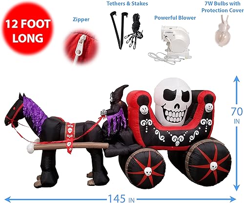 Miniatura 2 de Carro inflable de Halloween de 12 pies de largo con luces de calavera fantasma esqueleto, decoración de vacaciones en interiores y exteriores,