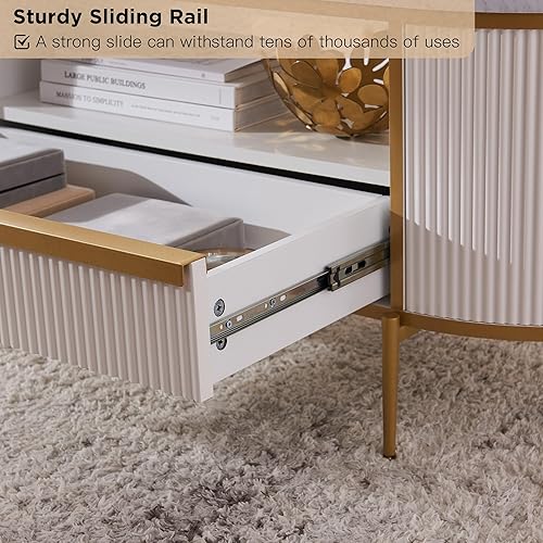 Miniatura 5 de OKD Moderna mesa de centro acanalada de lujo, mesa auxiliar ovalada de 48 pulgadas con cajón, parte superior de mármol sintético, diseño de perfil