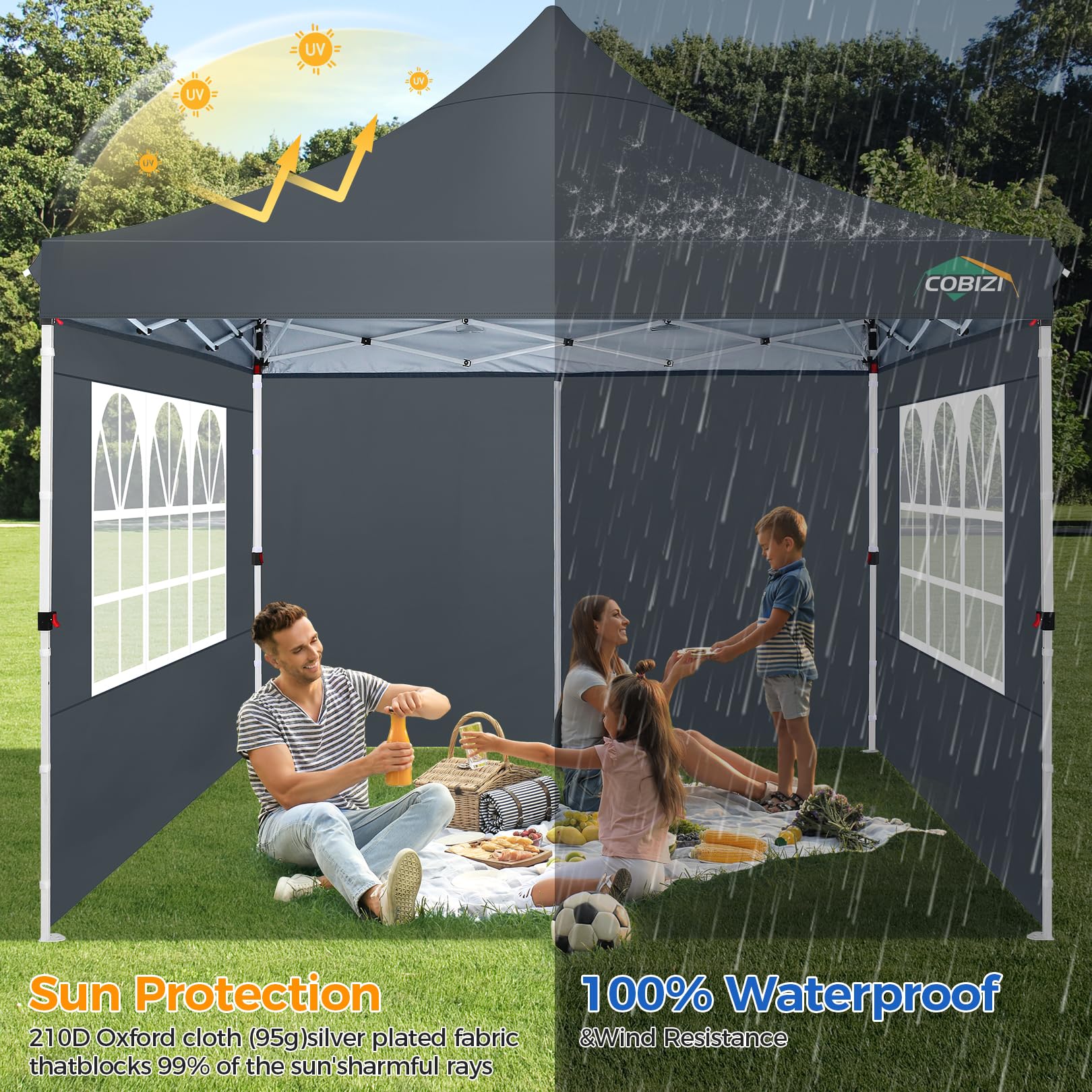 COBIZI Faltpavillon 3x3, Pavillon 3x3 Wasserdicht Stabil Winterfest, Faltbar Partyzelt mit 4 Seitenwänden & 4 Sandsack Pop up Gartenpavillon UV-Schutz 50+ für Hochzeiten, Freien, Grau