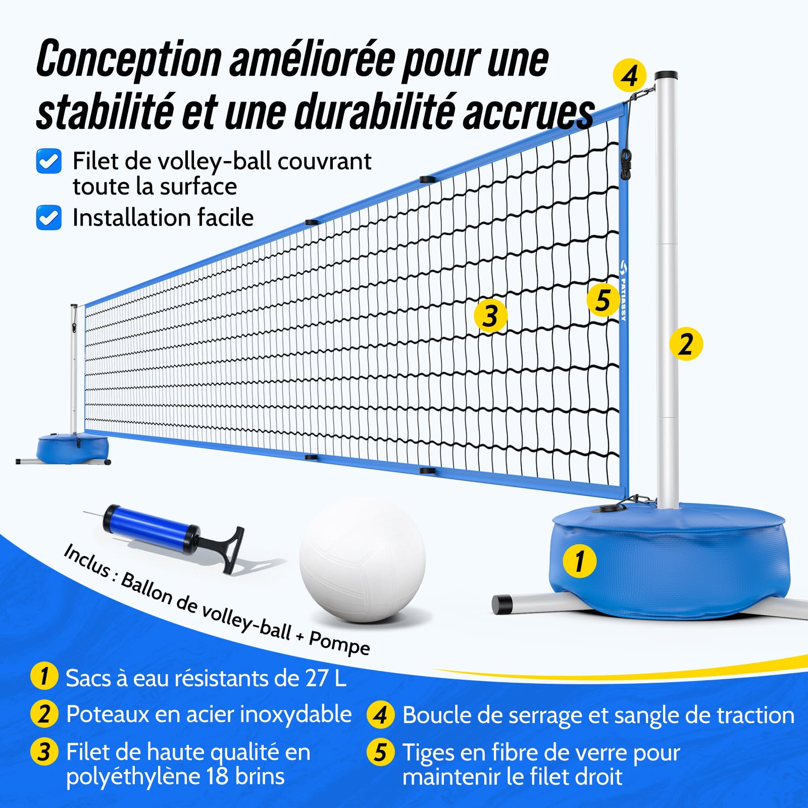 Filet Volley Piscine Portable, Longueur réglable 4,5 à 7,6 m, L'installation est Simple et Rapide, pour Jeux d’Eau, Jardin, Plage et Activités Extérieures