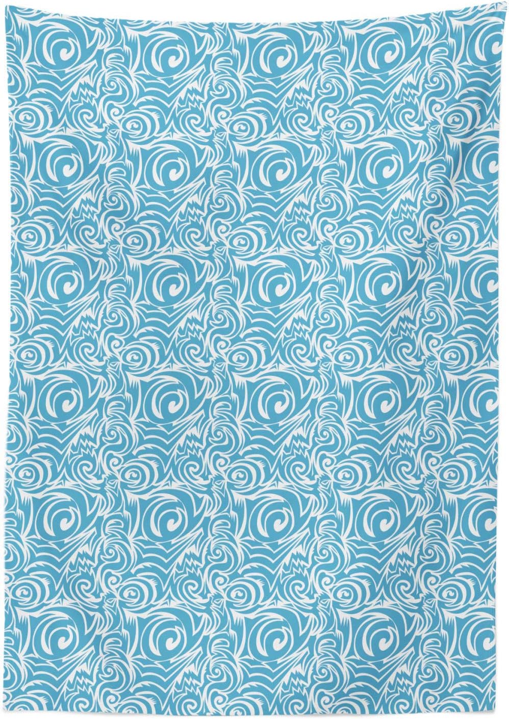 Ambesonne Blue and White Tablecloth, Balinese Tribal Tile Art Illustration with Abstract Contour Lines, Rectangular Table Cover for Dining Room Kitchen Decor, 60" X 84", Blue