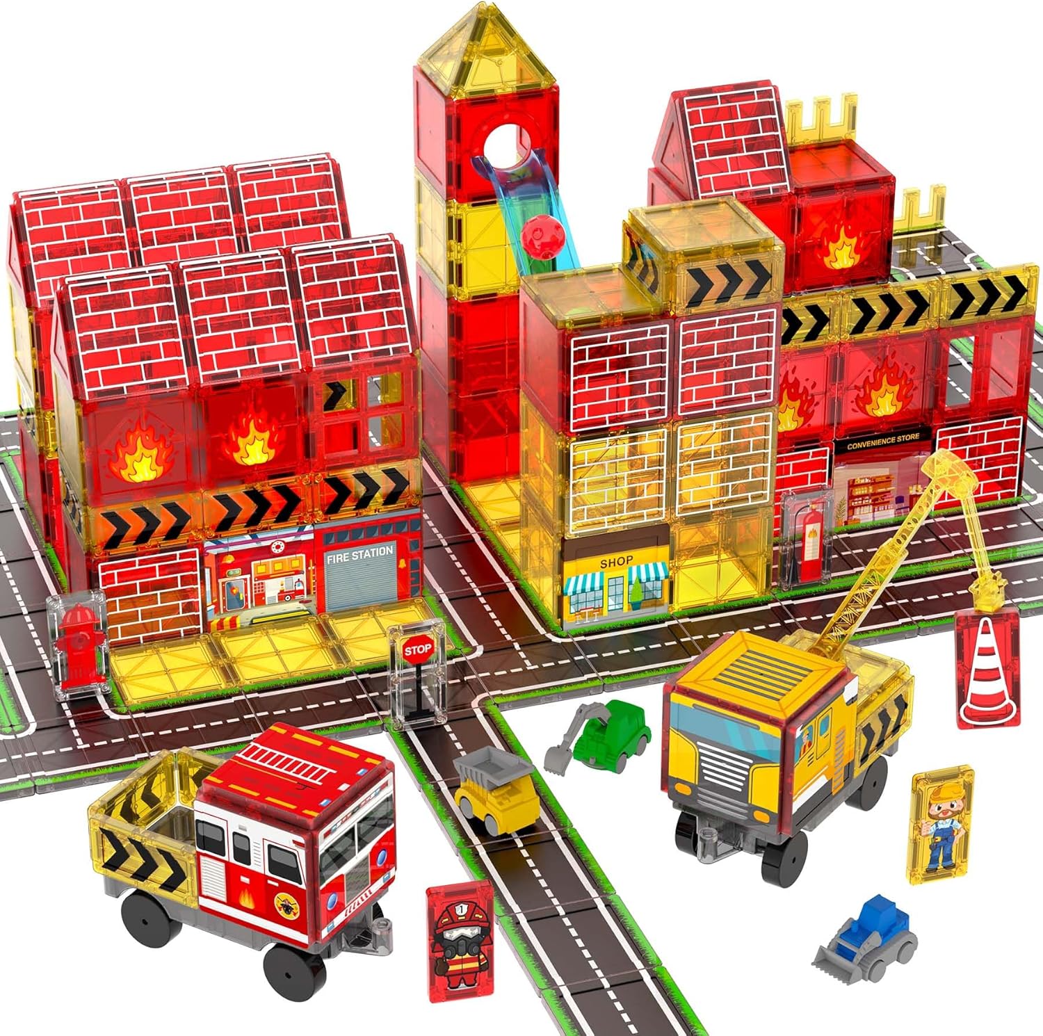 Magnetic Tiles for Kids Ages 4-8, Magnetic Blocks with Construction, Fire Fighting, Road, Engineering, Crane and Truck Themes, Magnet Toys Classroom Travel STEM Birthday Gifts for Boys